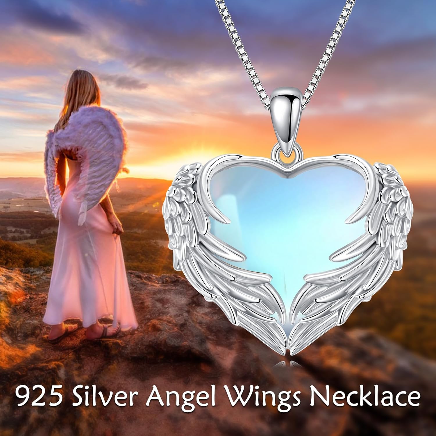 Angel Wings Necklace for Women 925 Sterling Silver Birthstone Guardian Necklace Jewelry Angel Wings Moonstone, Crystal Pendant Jewelry Gifts - Image 6