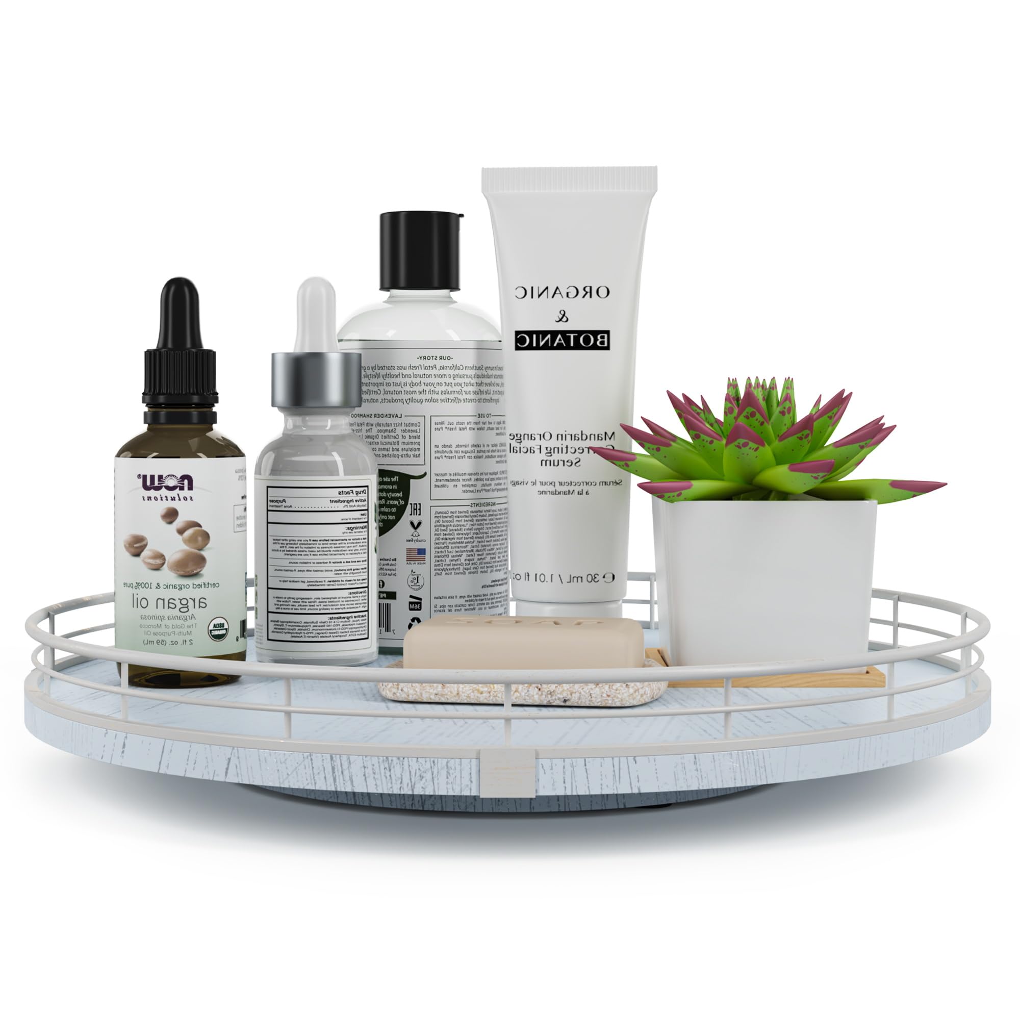 13" oak bathroom vanity tray turntable for perfume candle, round wooden decorative tray for kitchen sink countertop organizer, bathroom counter organizer for skincare makeup, rustic white