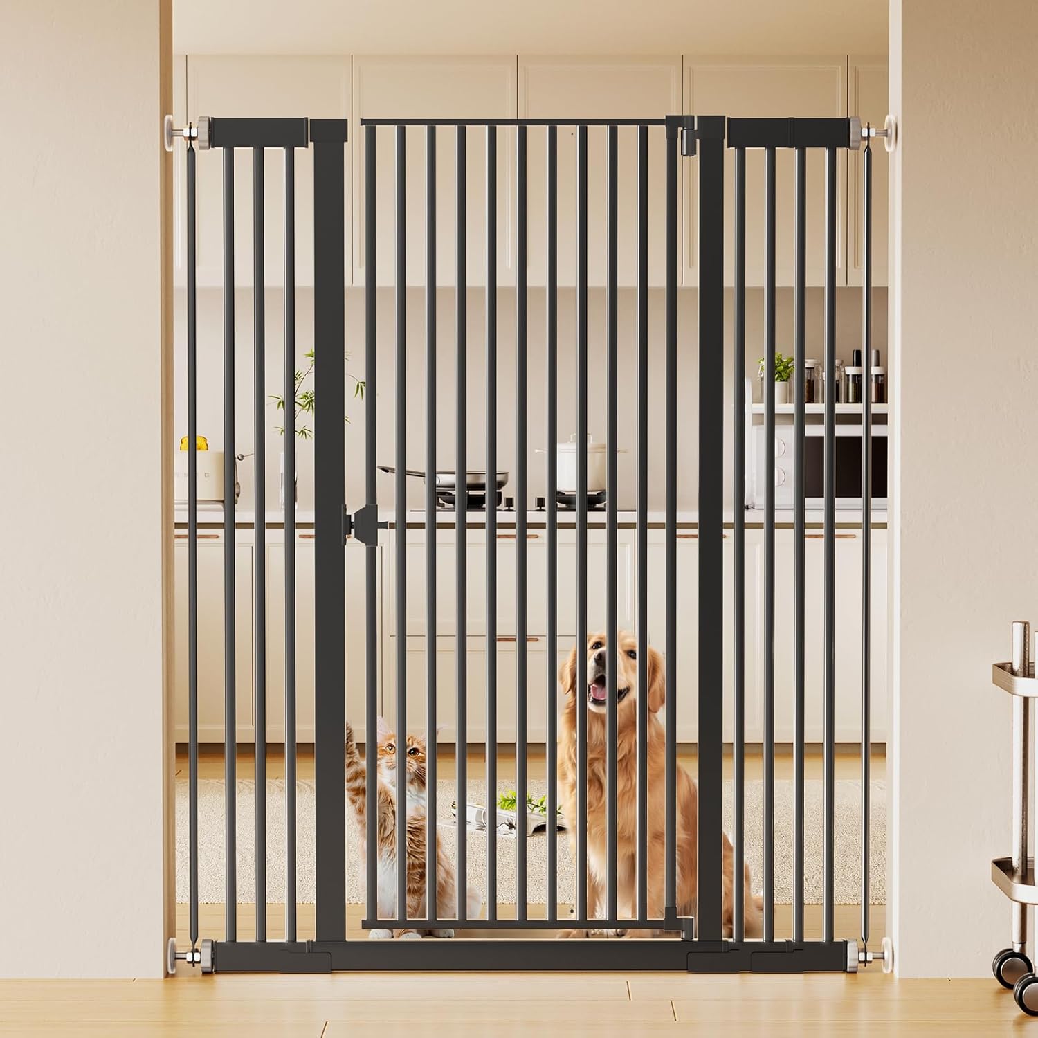 57" Extra Cat Gate, Fits 29.5"-43" Wide Openings, Pressure Mounted Auto Close Tall Dog Gate with Ultra Narrow Bar Spacing, No Drill Dog Gate for Doorways, Stairs, Hallways