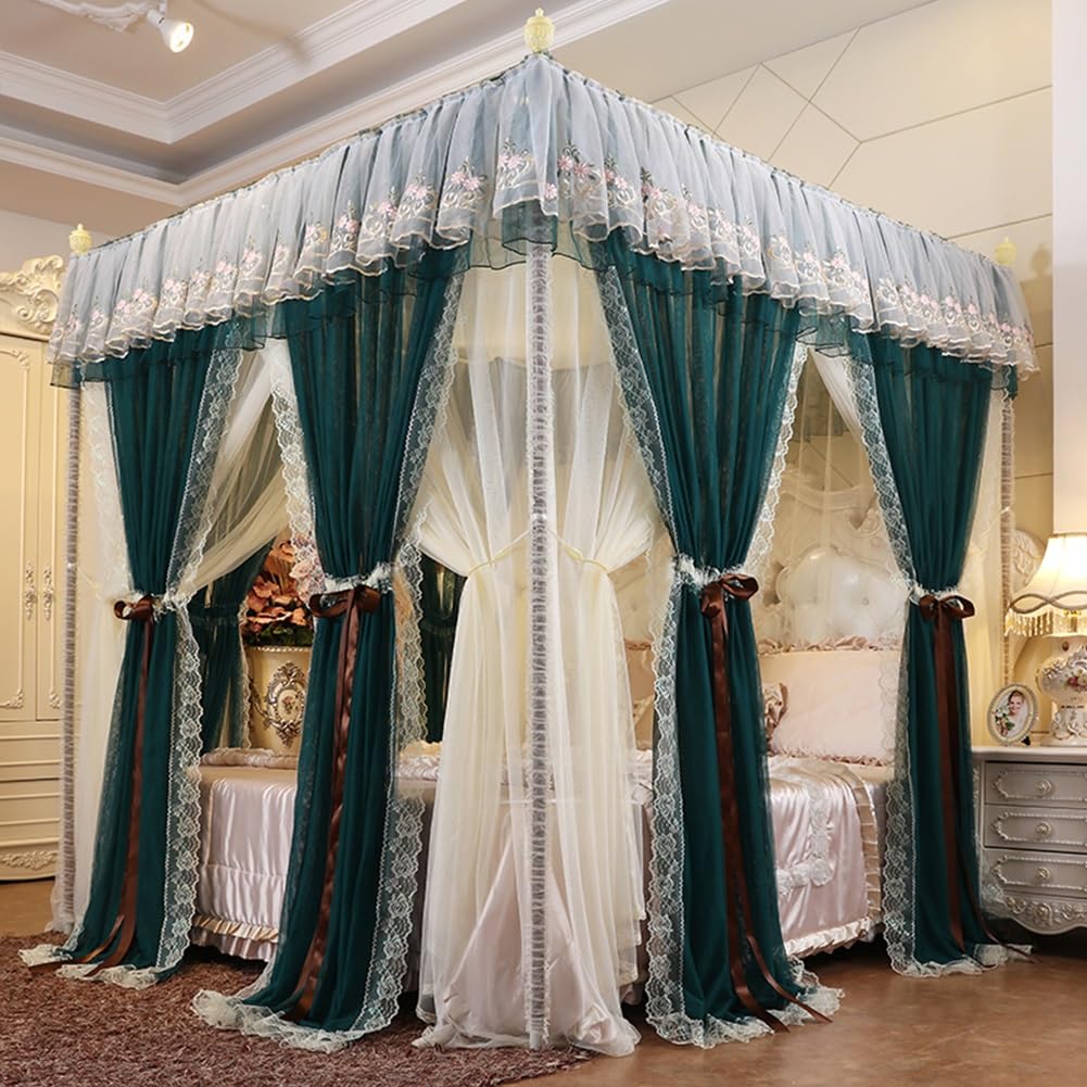 Luxury Canopy Pink Queen Size,4 Corners Post Ruffle Princess Bed Canopy Curtain with Thickened Bracket,Double Layer Lace Embroidery Cozy Drape Netting with 6 Openings(Dark green,CA King/71x87in)