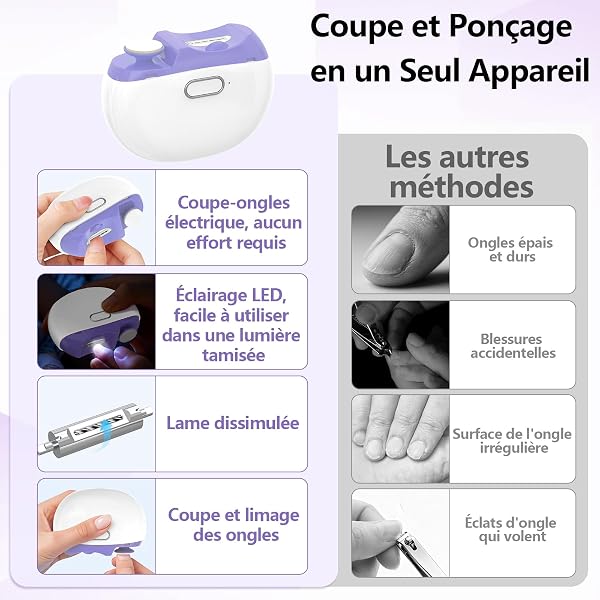 Coupe Ongle Electrique 2 en 1, Nouveau Lime a Ongle Electrique Automatique, Coupe Ongles avec Polissage Lumière LED et Rangement à 2 Vitesses, Faible bruit, Pour Bébés, Adultes, Personnes Âgées-Violet - 4
