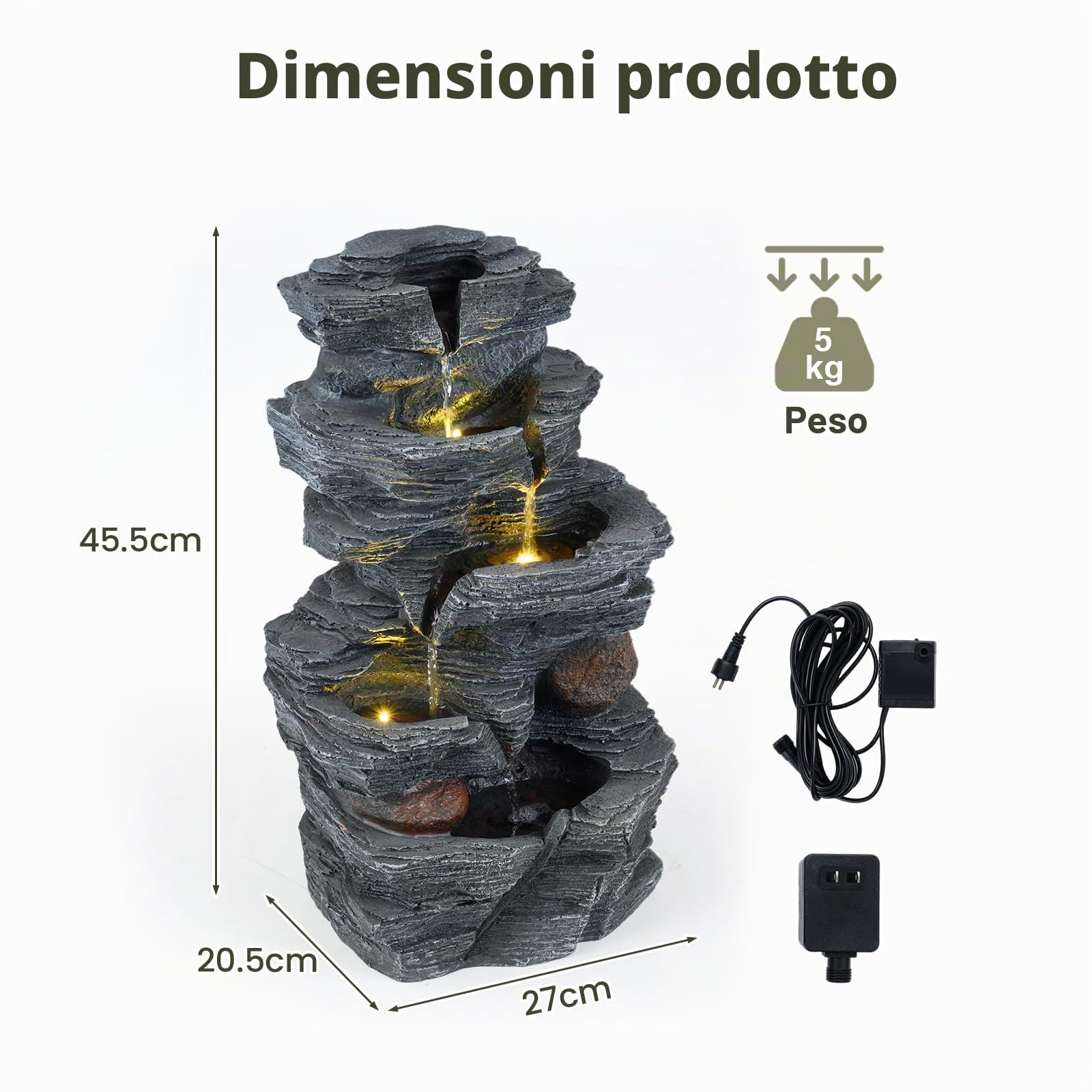 HOMASIS Fontana da Giardino con Effetto di Roccia, Fontanella Decorativa a 5 Livelli con Luci, Flusso d'Acqua e Pompa Regolabile, Arredo in Resina per Interno, Tavolo, Esterno, Balcone e Laghetto