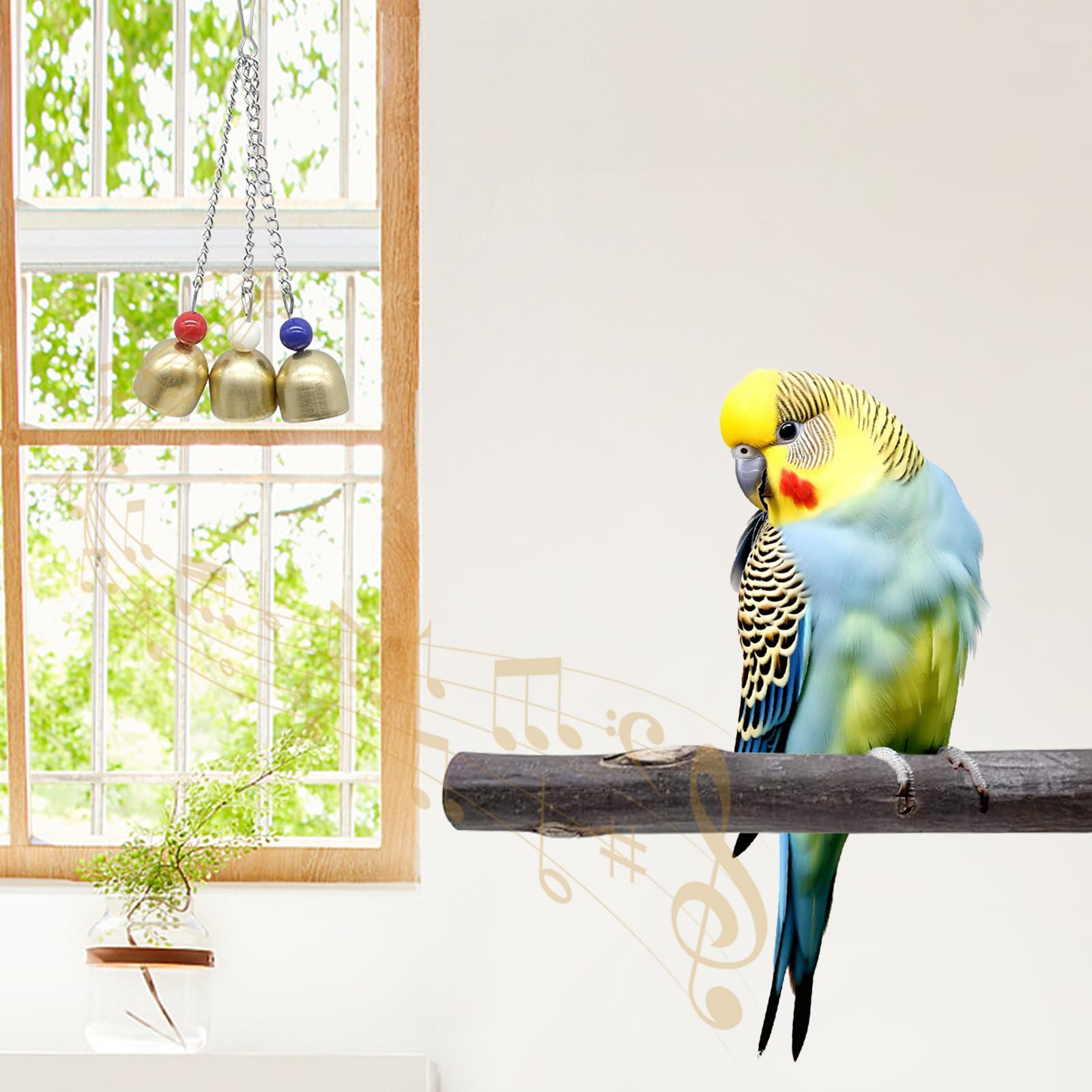 Jouets en Bois pour Perroquets en Coque de Noix de Coco, Lot de 7 Accessoires à Suspendre avec Perchoir, Balançoire et Cloche à Mâcher pour Perruches, Calopsittes et Conures
