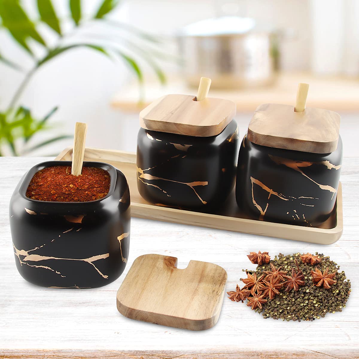 Set de 3 Pots à Épices En Céramique, Boîtes en Céramique Spice Container, Aspect Marbre - Pot à Épices Avec Couvercle En Bois Véritable Et Cuillère en Bambou et Plateau en Bois (noir)