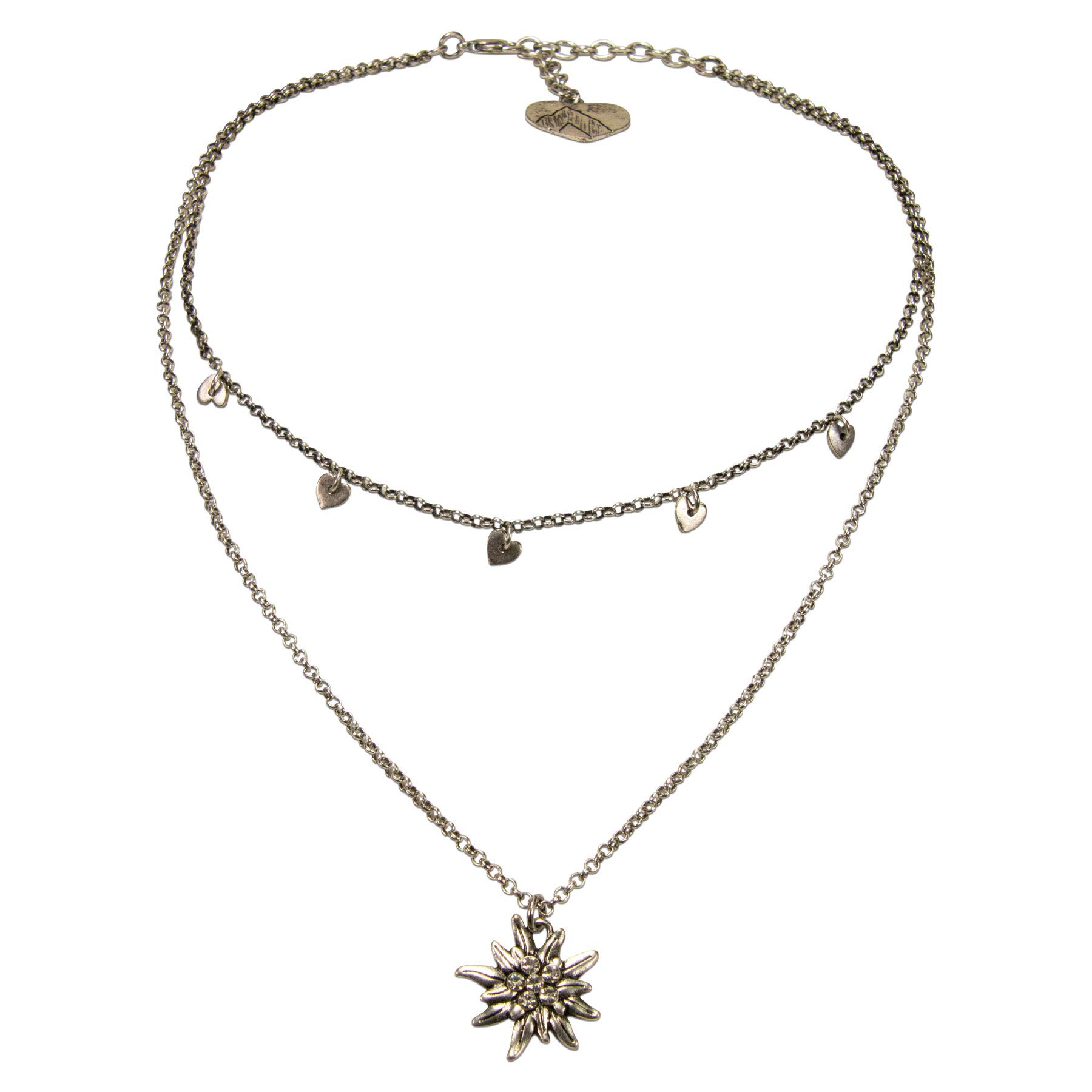 Alpenflüstern Collana Donna Con Ciondolo Cuore E Strass, Argento Anticato, Per Dirndl, Lunga 43+7 Cm