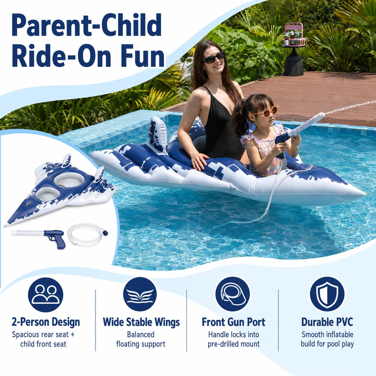 Galleggiante gonfiabile per piscina con pistola ad acqua, mimetica digitale blu, opzioni per pilota singolo e doppio per bambini e famiglia