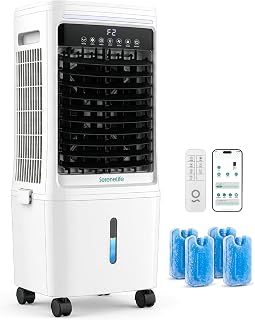 SereneLife Tower Fan, Smart Stand Up Bladeless Tower Fan with WiFi and Remote Control, 1700 CFM High Velocity Output, 25 Liter Detachable Water Tank, Boosted AC Flow with 4 Ice Packs Included