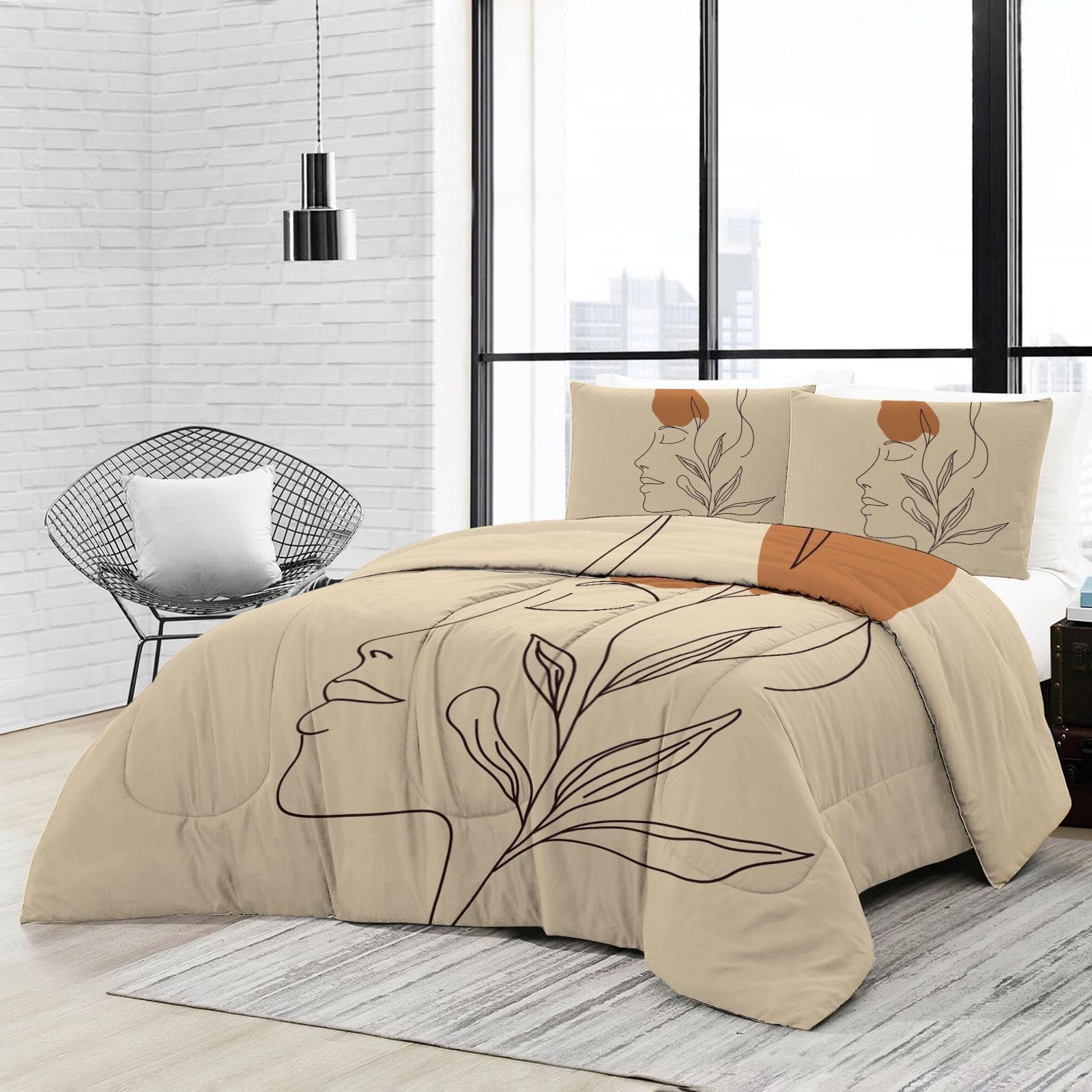 Bettdecke Ohne Bezug 220x240cm, Beige 4 Jahreszeiten Waschbare Bettdecken Minimalismus, Abstrakt Gesicht Pflanze Tagesdecke Warme Steppdecke - Weiche Wendebettwäsche mit 2 Kissenbezug