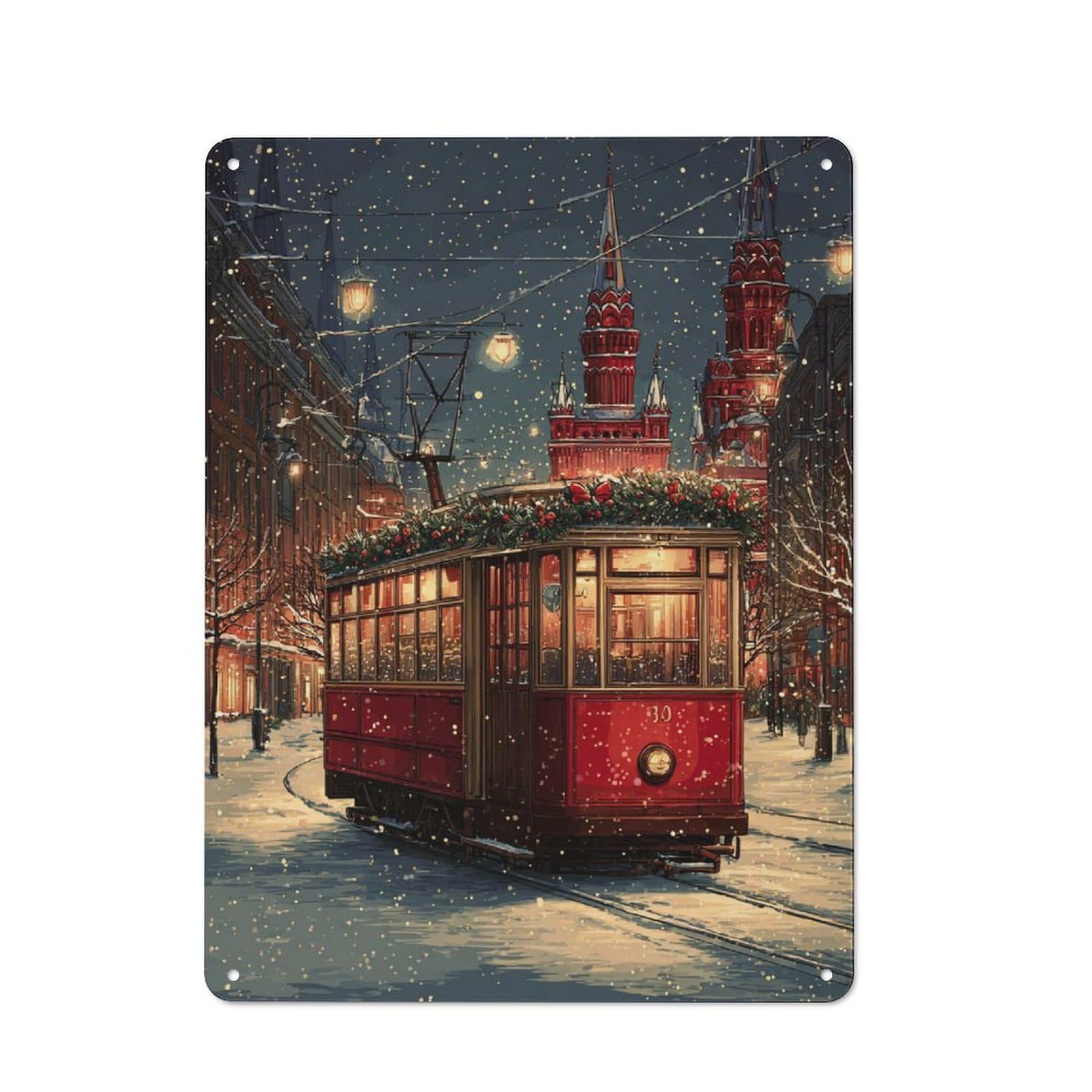Junmoney Snowy Tram Ride In Moscow Vintage-Inspired Tin Sign 40X30cm For Café Or Restaurant, For Cooler-Month Interiors With Vintage Character