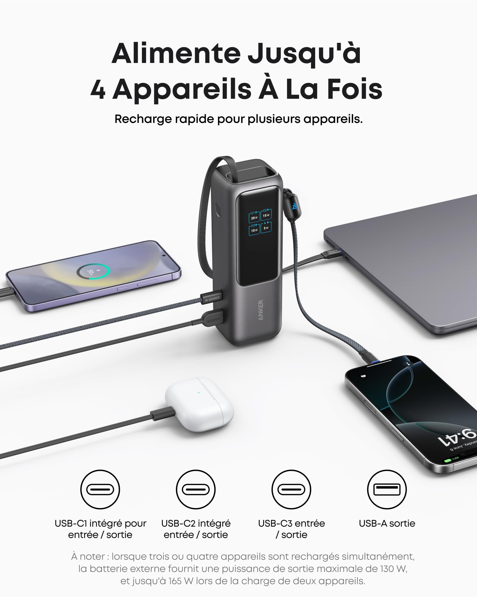 Anker Batterie Externe 25000mAh 165w pour Ordinateurs Portables 3 Ports USB C pour Plusieurs Appareils, Câble Intégré+Câble Rétractable, pour iPhone17 Pro Max/16 15, MacBook, Samsung