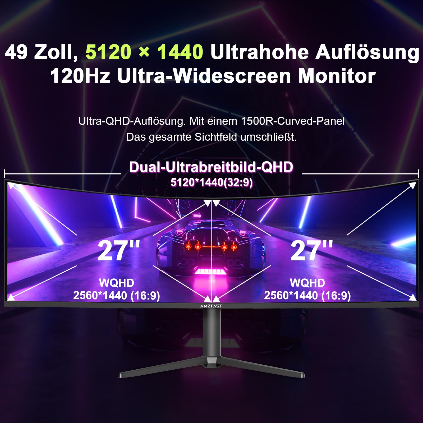 Amzfast Monitor Gaming Curvo 49 Pulgadas - DQHD 5120x1440 (32:9), 120 Hz, 1 ms MPRT, Adaptive Sync, sRGB 120%, Luminosidad 350cd/m², HDMI 2.0, DisplayPort, Eye Care, VESA 75x75, Pip/PBP, AMZG49C7U