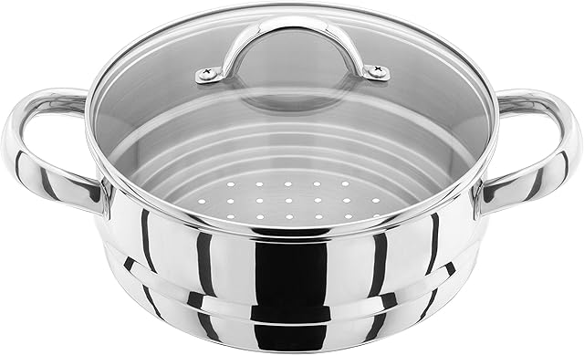 Judge Steamers JX12 Stainless Steel Steamer Insert or Colander with Toughened Glass Lid to fit 16cm 18cm or 20cm pan, Oven Safe, Dishwasher Safe - 25 Year Guarantee