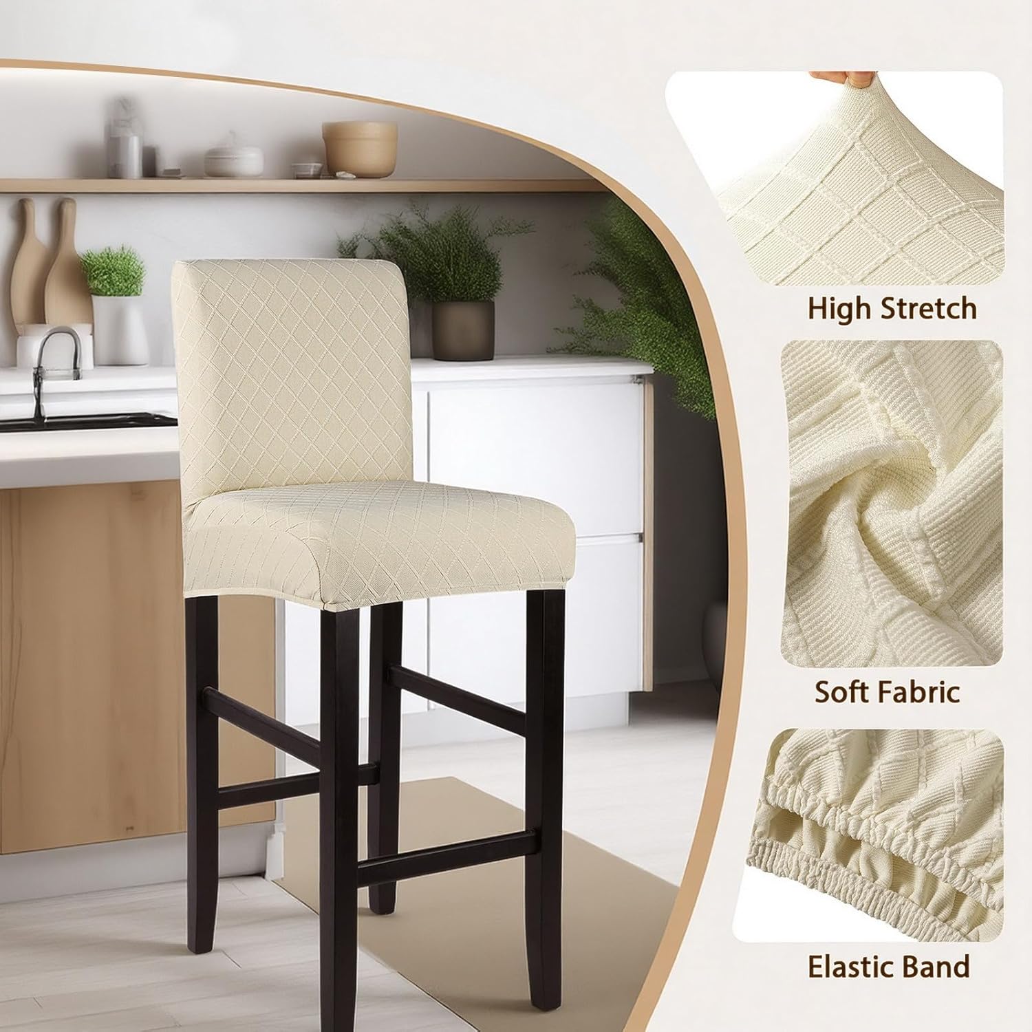 SearchI Waterproof Bar Stool Covers Set of 4, Stretch Barstool Seat Covers, Counter Height Chair Covers for Kitchen Dining Room Cafe (Beige Jacquard)