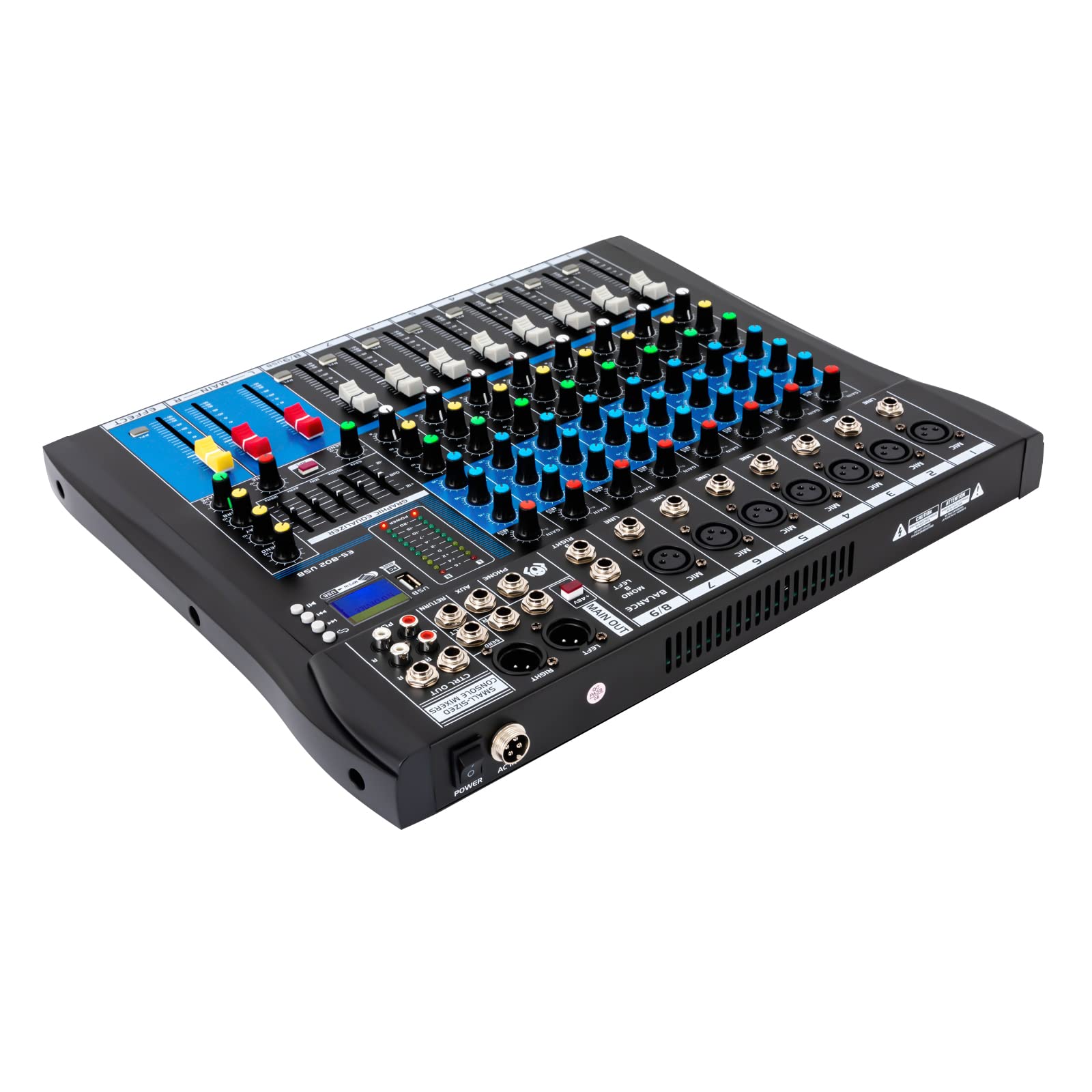 Consola de mezcla profesional 48V 8 canales con entrada digital USB MP3 Bluetooth Pantalla LCD Estéreo DJ Audio Mixer para festivales de música Estudios de grabación 38x31x3.5cm