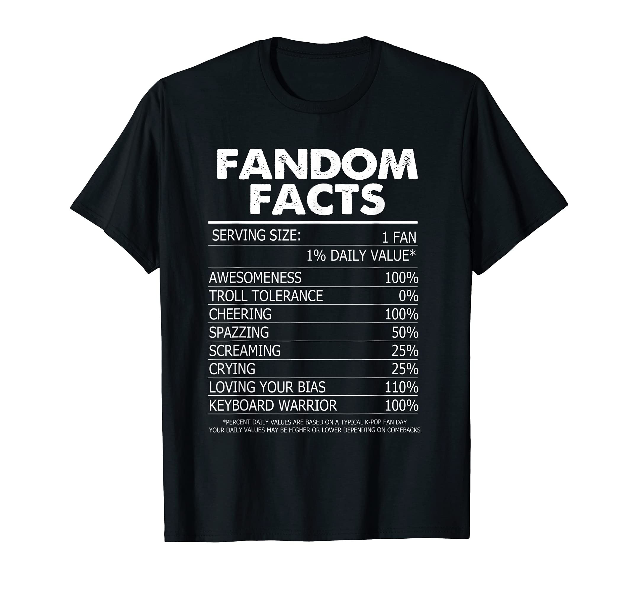 Funny Kpop Gifts For K-pop Fans And Kpop LoversKpop Merch Fandom Merchandise Kdrama Nutrition Facts T-Shirt
