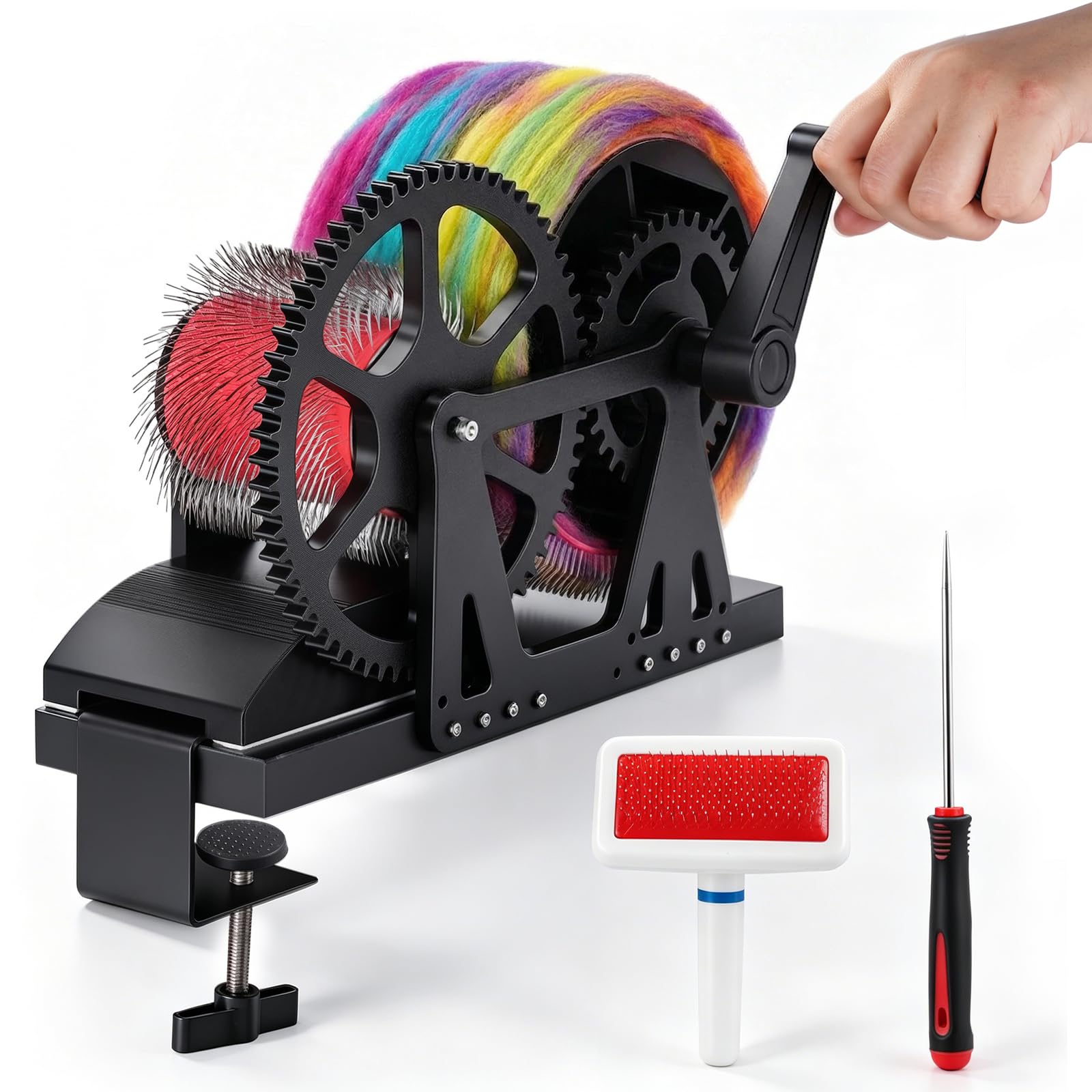 YUCHENGTECH Máquina de cardado manual de lana, máquina cardadora de fibra con manivela de mano, elimina impurezas de fibra, mezcla rápida de colores, rueda de mezcla de lana para peinar mezcla