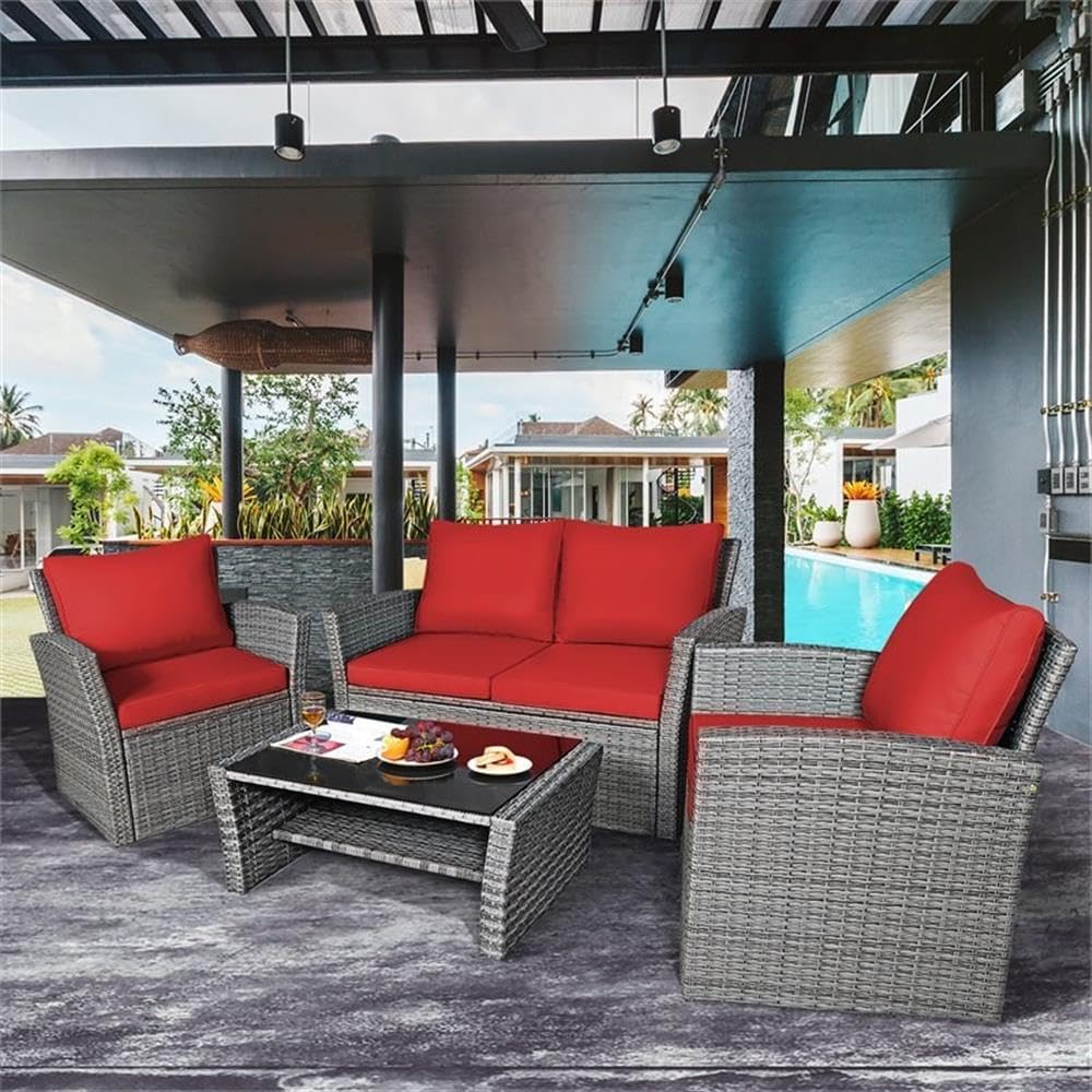 Pemberly Row 4-Piece Rattan Patio Furniture Set, Red Cushions, Weather-Resistant Wicker, Steel Frames, Loveseat, Armchairs, Coffee Table with Tempered Glass Storage Shelf, Outdoor Garden or Poolside