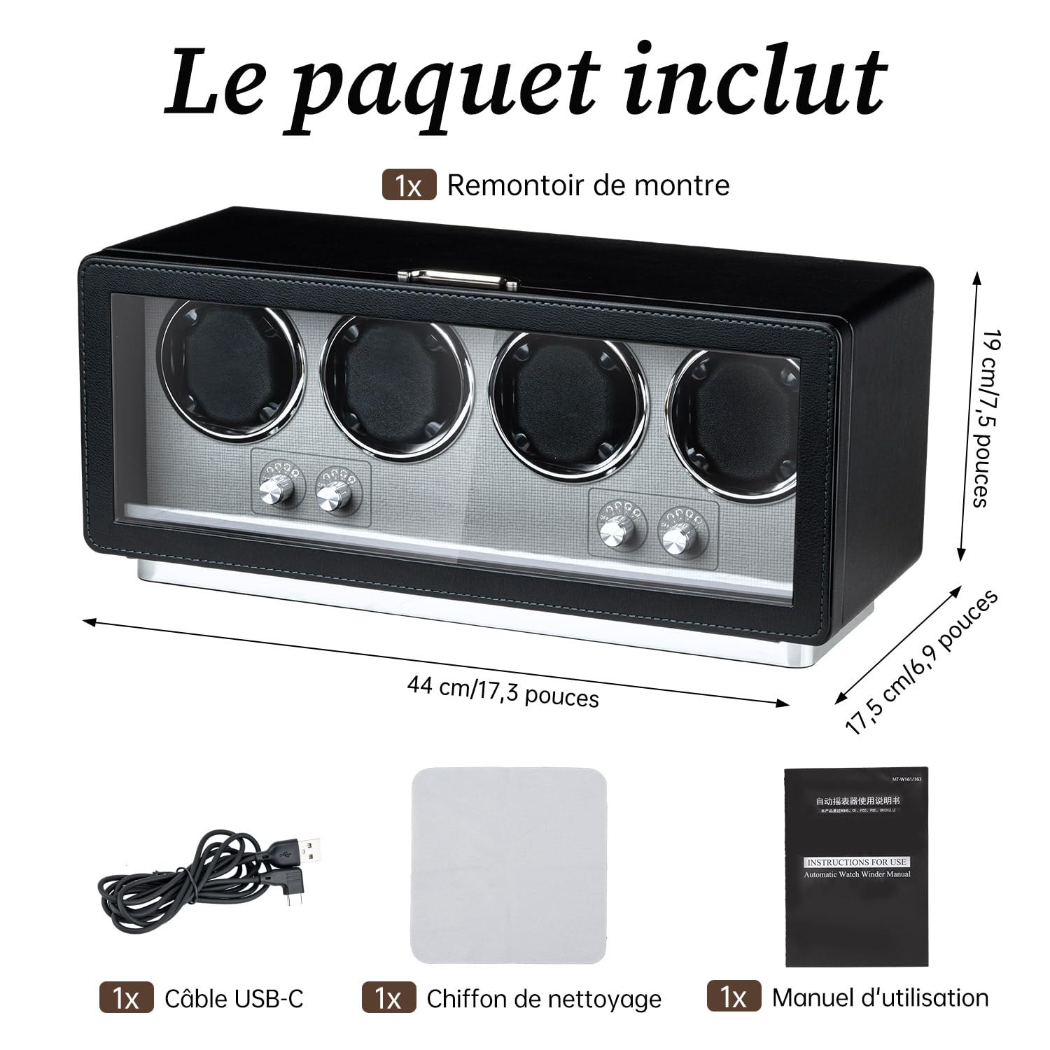 Mcbazel Remontoir pour Montre Automatique - Boîte à Remontre Automatique en Cuir PU Rectangulaire pour 4 Montres, Moteur Ultra-Silencieux avec 4 Cadrans de Montre, Eclairage LED, 4 Modes de Rotation