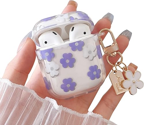Miniatura 7 de MINSCOSE Funda transparente compatible con AirPods 12, bonito diseño de flores de dibujos animados con llavero floral, funda protectora de TPU suave