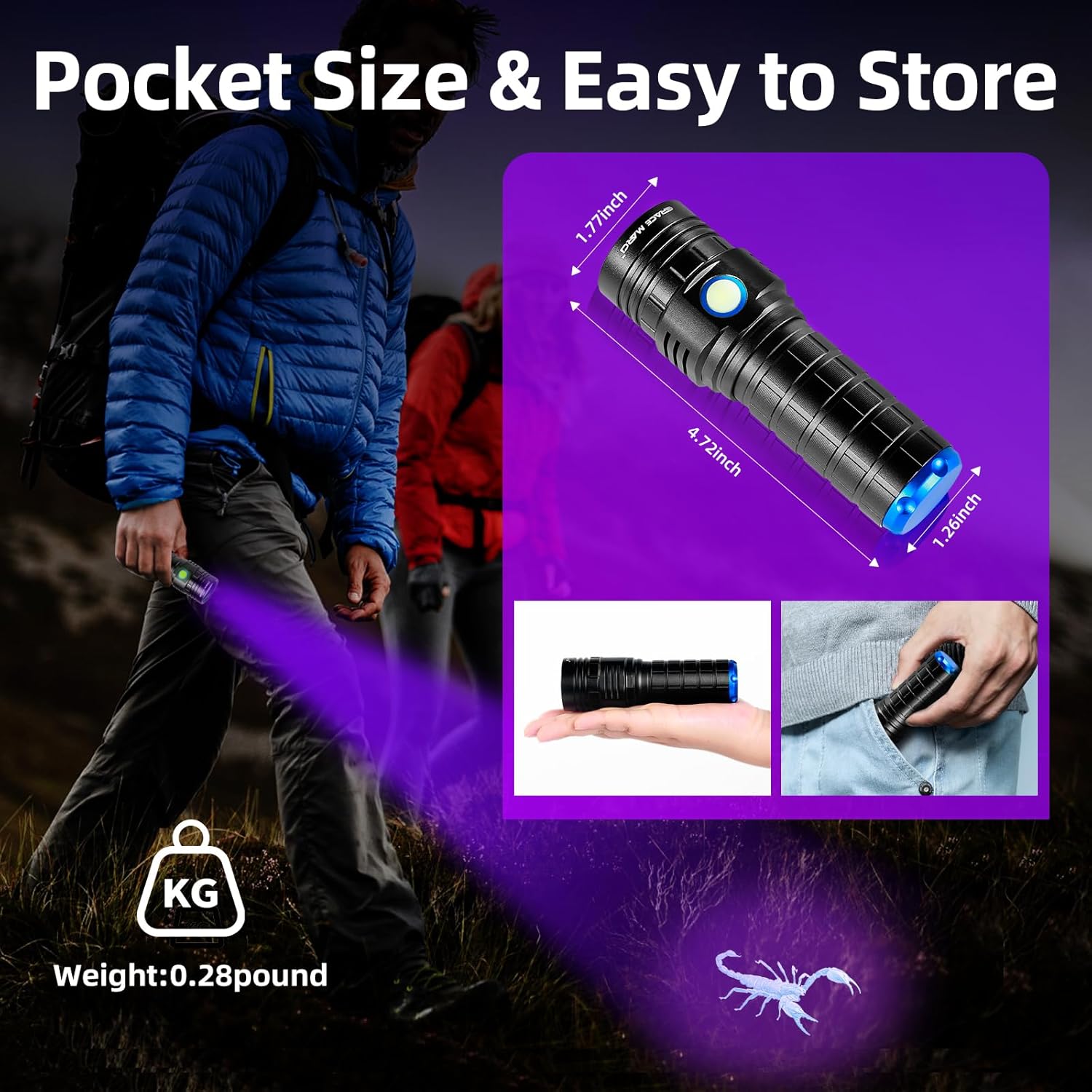 50W 365nm Rechargeable UV Flashlight, 3 Modes LED UV Light, High Power Black Light Flashlight with Filter for Pet Urine Detection, Scorpion Finding, Leak Detector, Money & ID Verification
