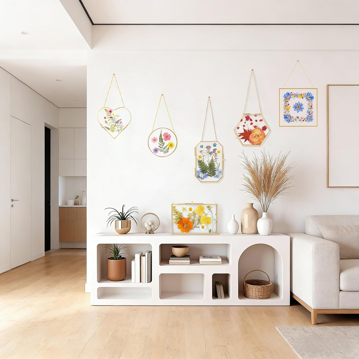 Pressed Flower Frames, Wall Hanging Double Glass Picture Frames with Chain for Dried Flowers Plants Wall Decor,Only Frame and tweezers (Gold-6PCS)