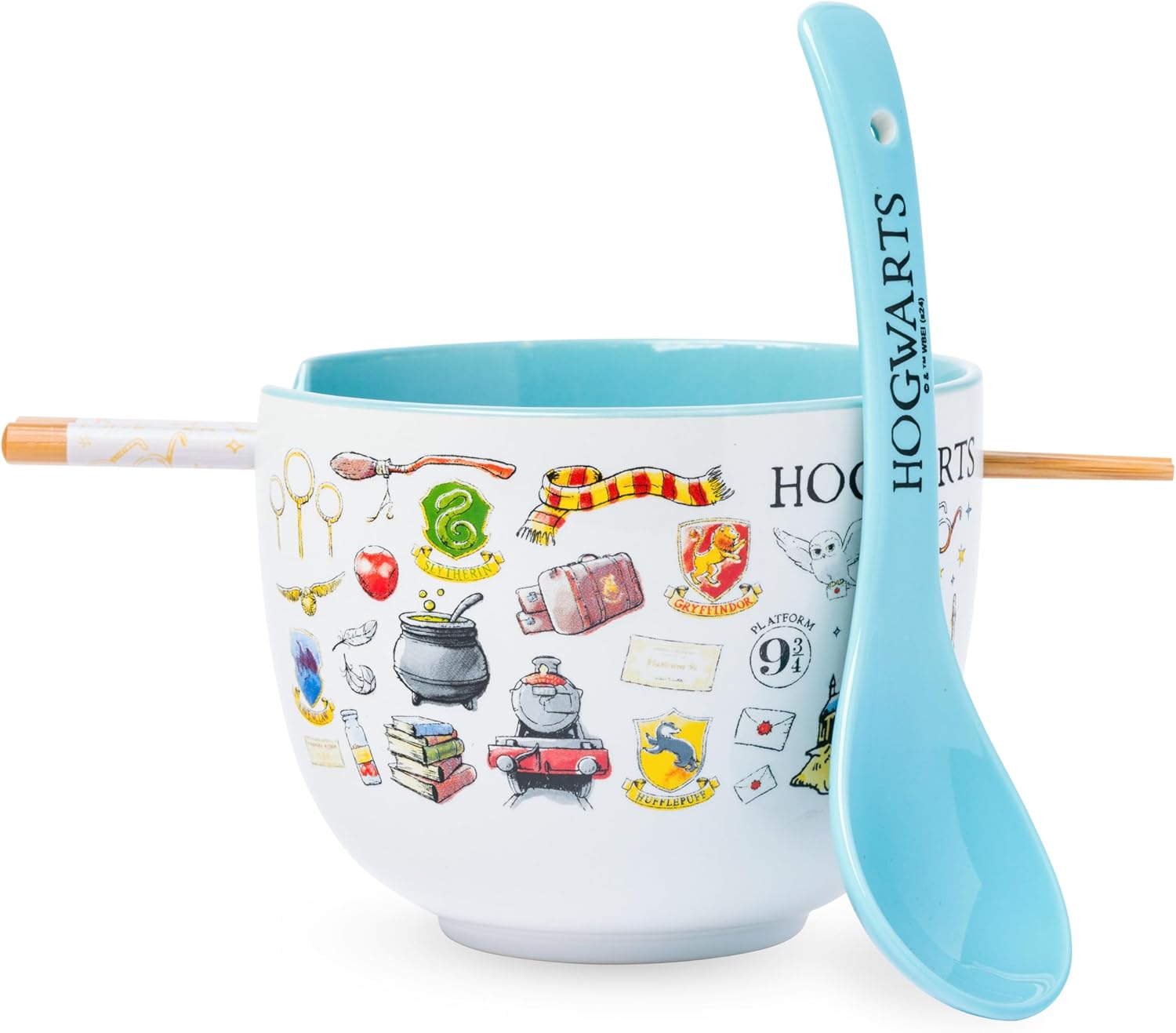 Silver Buffalo Harry Potter Hogwarts Iconic Icons Ceramic Ramen Noodle Rice Bowl with Chopsticks and Spoon, Microwave Safe, 20 Ounces