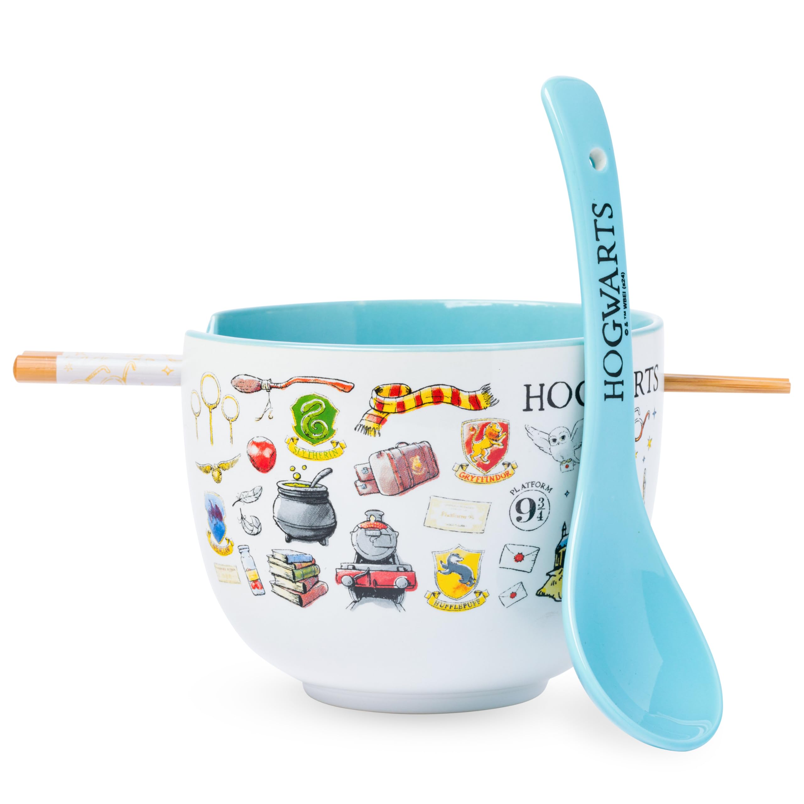 Silver Buffalo Harry Potter Hogwarts Iconic Icons Ceramic Ramen Noodle Rice Bowl with Chopsticks and Spoon, Microwave Safe, 20 Ounces