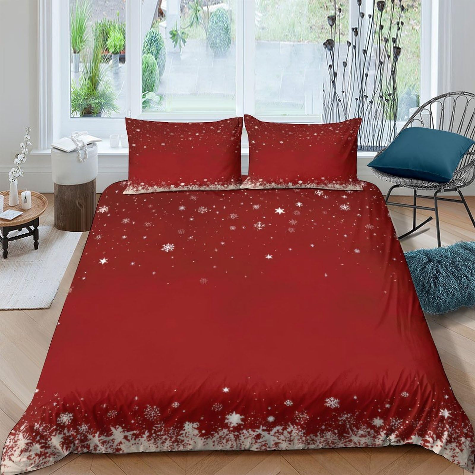 Ctjqhvkz Style-2 3D Printed Snowflake Red Fitted Sheet Microfiber Soft Winter Festival Pattern Mattress Cover For Bedroom Guest Room Single（135X200cm）