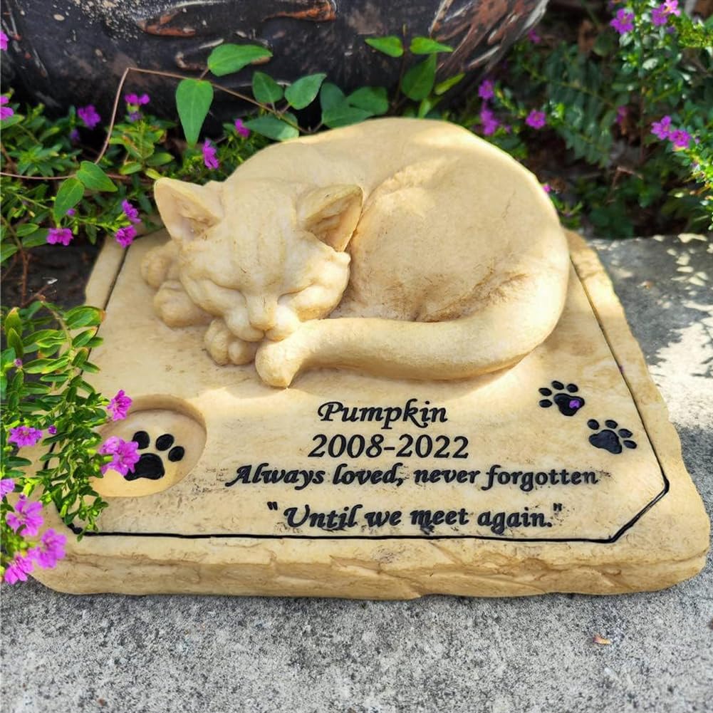 JHB Personalized Pet Memorial Stones for Cat, 3D Sleeping Cat Statue Headstone, Cat Sculpture Tombstone, Cat Grave Markers, Cat Keepsake Memorial Gifts Loss of Cat Indoor Outdoor Decor