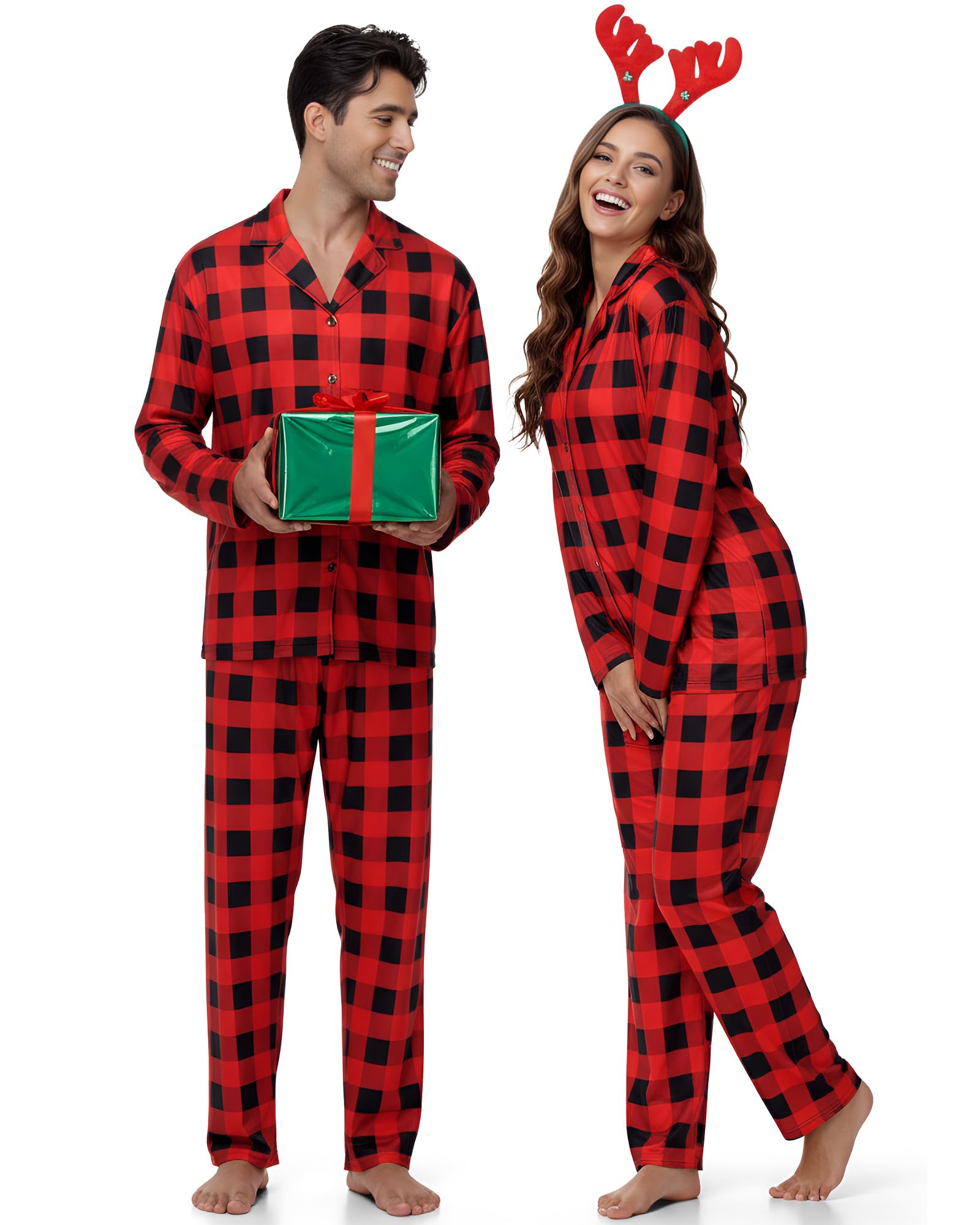 Couples Matching Christmas Pajamas Sets Family Buffalo Black Plaid Pajamas Long Sleeve Button for Adult Youth-image-39
