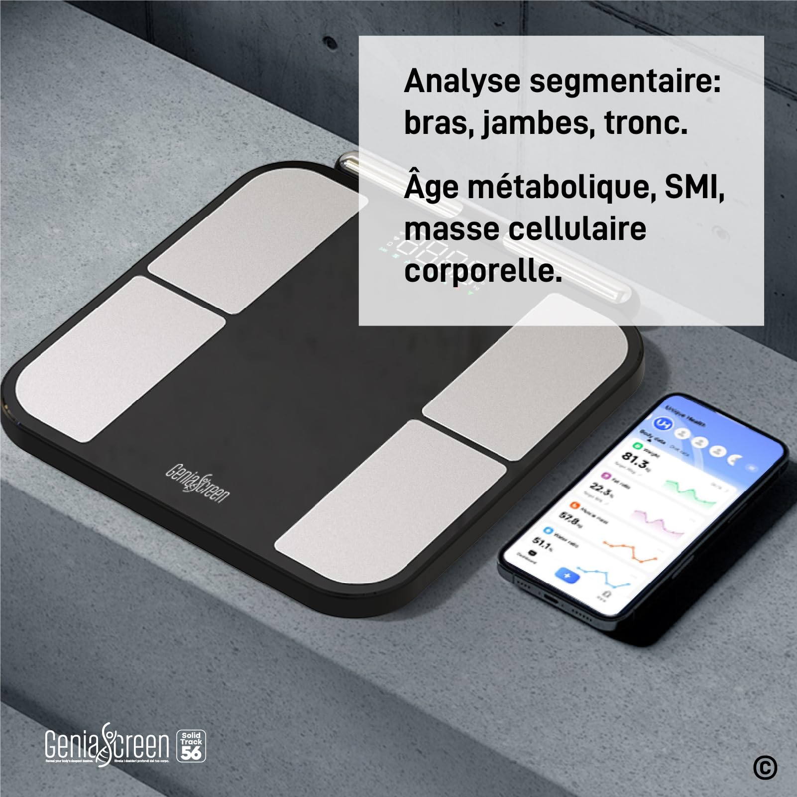 Balance Impédancemètre Connectée Bluetooth Pèse Personne Électronique GeniaScreen SolidTrack en Verre Trempé Max 180Kg - 8 Électrodes 56 Données Corporelles pour Masse Musculaire Graisse IMC