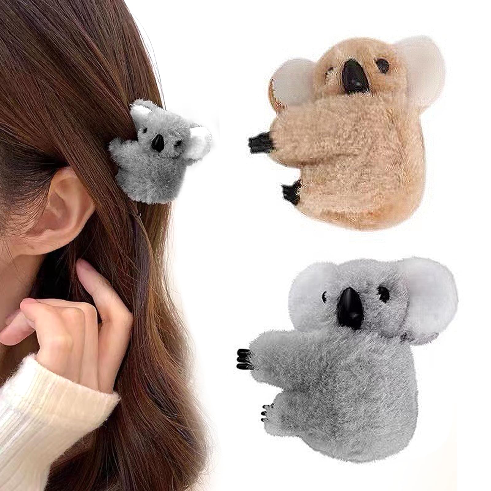 2Pcs Cute Plush Animal Hairpins Charming Small Koala Hair Claw Clip Attractive Comfortable Finger Koala Animal Clips for Women Girls