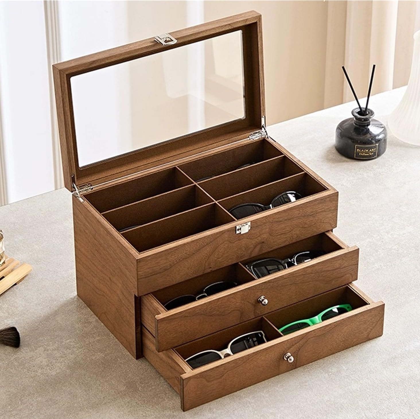 Brillen Organizer Holz Sonnenbrille Display Stand Brillenetui for Zuhause Brillenaufbewahrung(34x20x23cm)