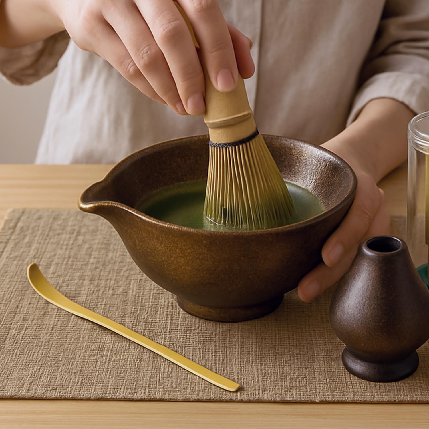 Matcha Whisk Kit Set of 4 includes Matcha Bowl, Matcha Bamboo Whisk, Scoop, Whisk Holder Tea Accessories Gift for Tea Lovers(Gilt Decor)