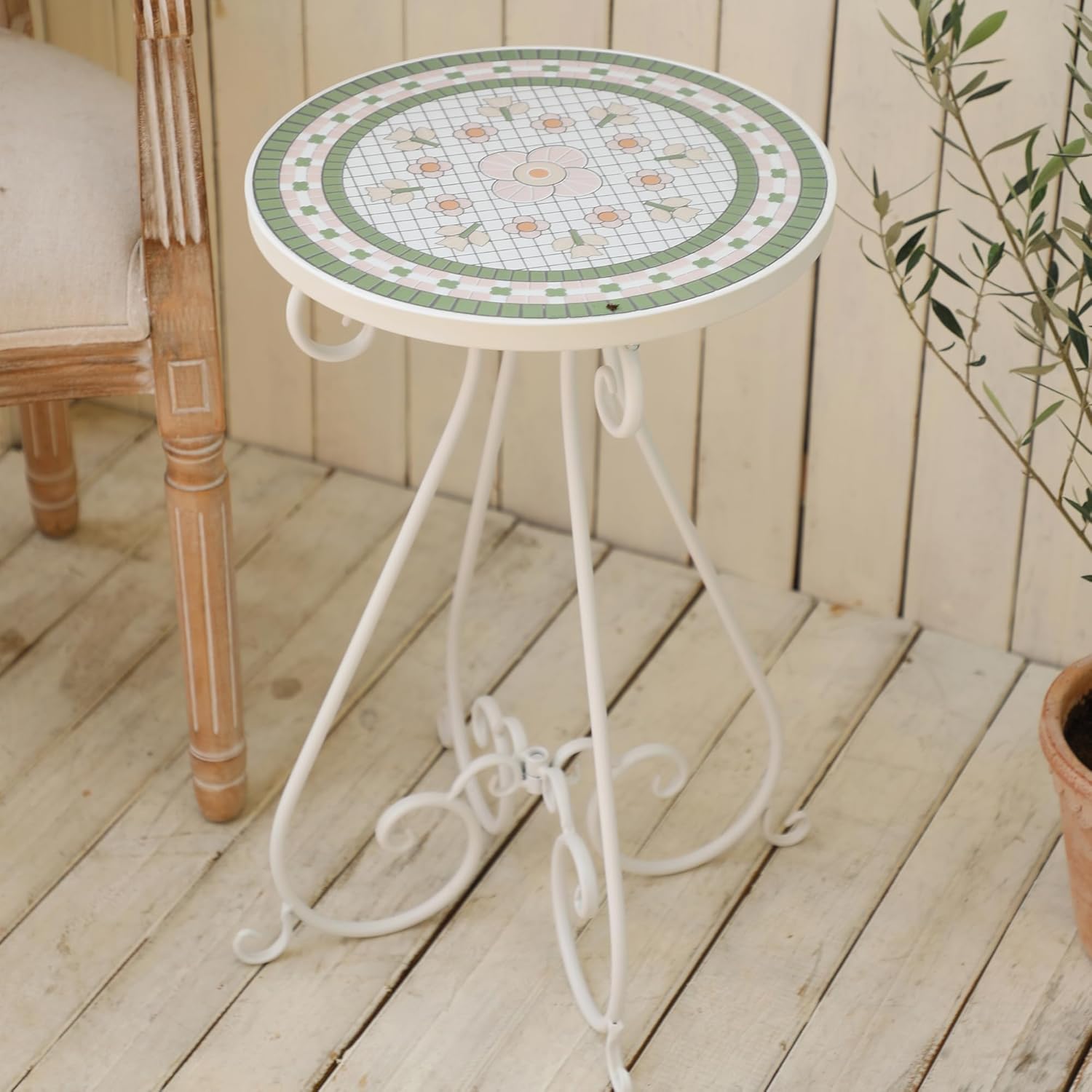 Mosaic Outdoor Side Table 14" Diameter Metal Round Plant Stand Ceramic Tile Round Table Garden Patio Side Table for Flower Pots Vase Home Decor (Flower#4)