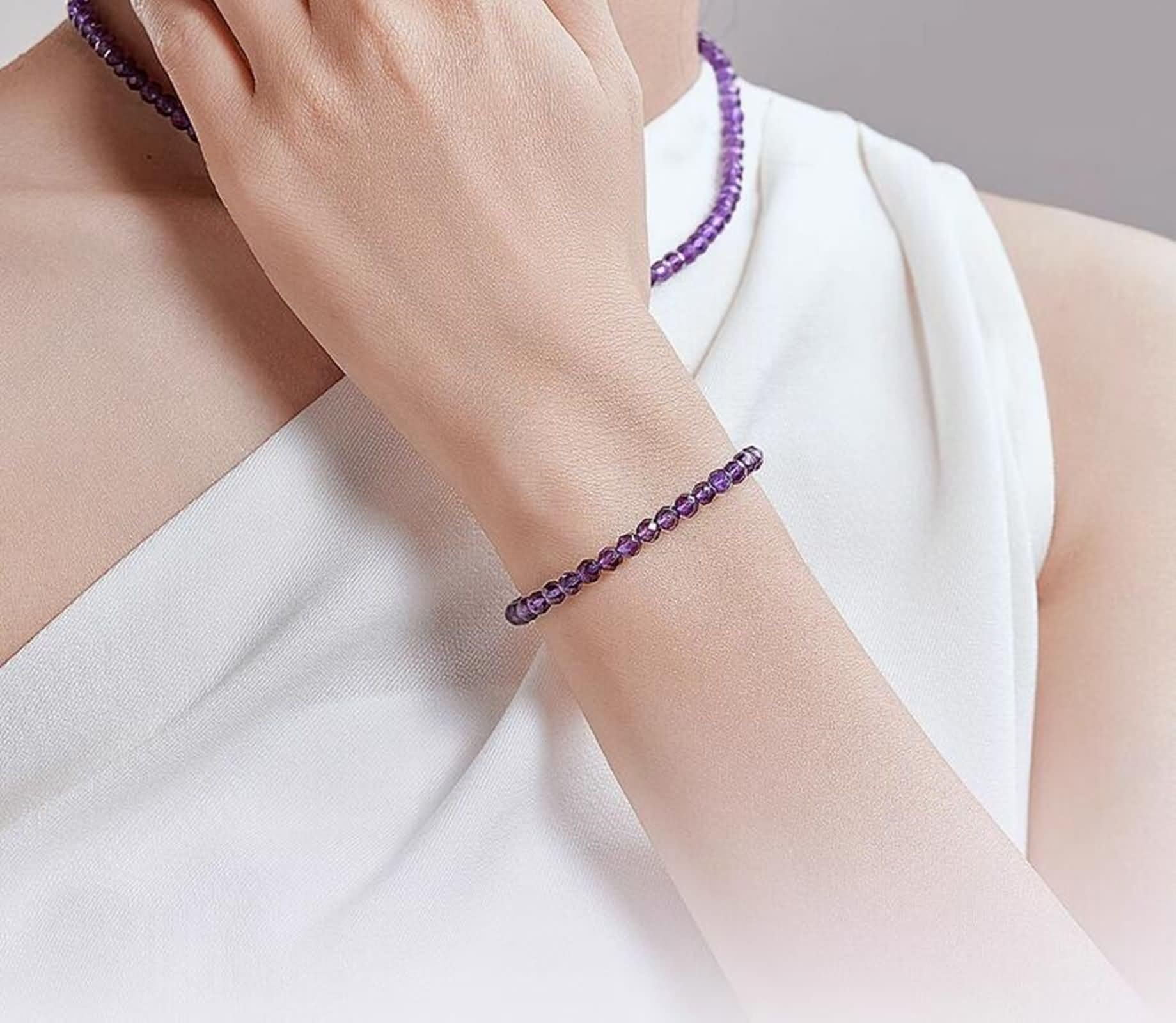 Armbänder Damen Freundschaft, Armkette Damen Boho mit 4 mm Natürlichen Amethystperlen Gelbgold