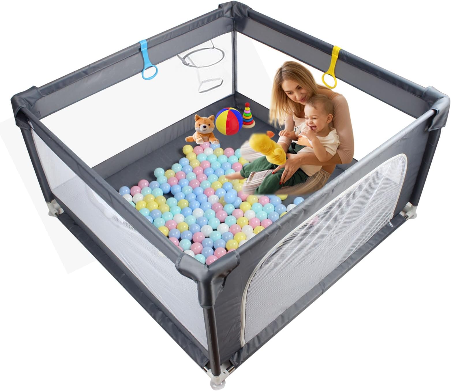Baby Playpen Play Pen for Babies and Toddlers, Baby Fence Baby Playard Indoor & Outdoor with Basketball Hoop Safety Play Yard with Soft Breathable Mesh (50”×50”)