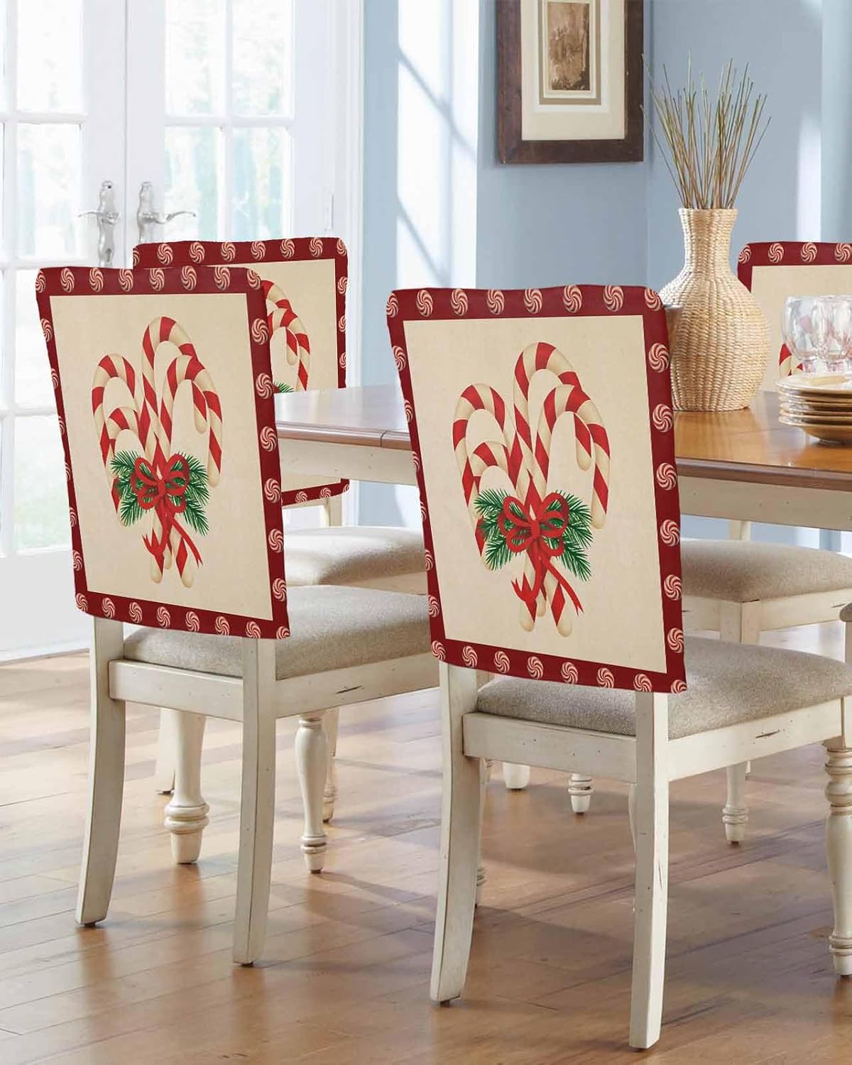 Christmas Candy Cane Chair Back Cover, Dining Chair Protector Covers, Bowknot Red Board Vintage Chair Covers Removable Chair Slipcovers for Weeding Banquet Party 19"x18", 4 Pack