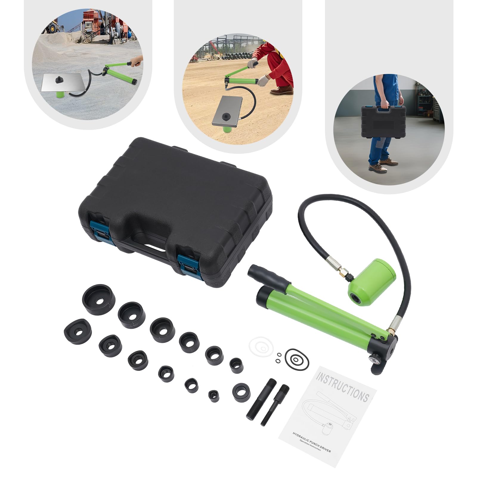 Set di punzonatrici idrauliche per fori Knockout, con 6 fustelle (1/2, 3/4, 1, 1-1/4, 1-1/2, 2 pollici), perforatrici idrauliche per industria, edilizia ed elettrici, lamiera di metallo (verde)