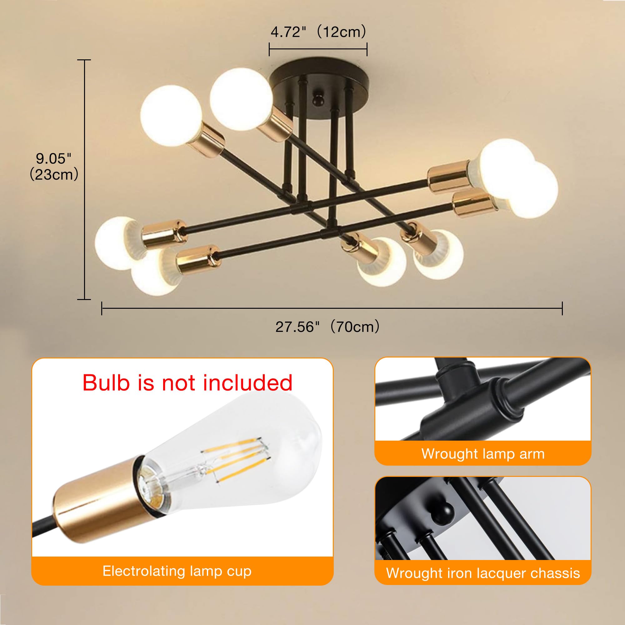 YHTlaeh Lampadario Soffitto Industrial Forma DIY Plafoniera E27 Moderno Lampada da Soffitto in Ferro Vintage per Camera da letto Soggiorno Cucina Corridoio (Nero+Oro, 8T)