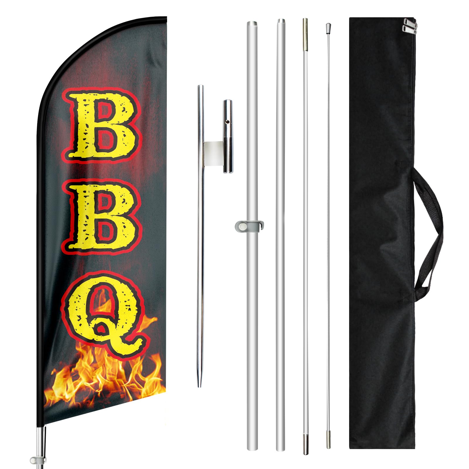 QSUM BBQ Feather Flag and Pole Kit - 11 FT BBQ Signs - Swooper Flag - Aluminum Alloy & Stainless Steel - Black