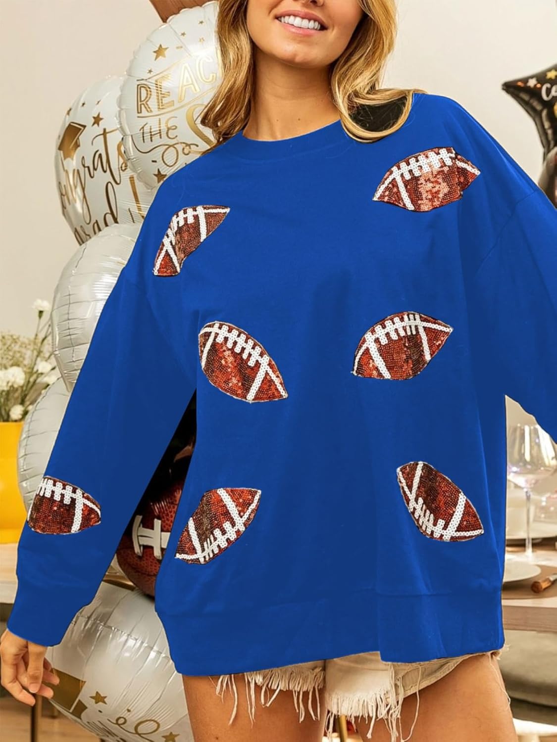 Womens Sparkle Football Sequin Rugby Sweatshirt Game Day Y2K Crewneck Oversized Shirt Long Sleeve Fleece Pullover - Image 3