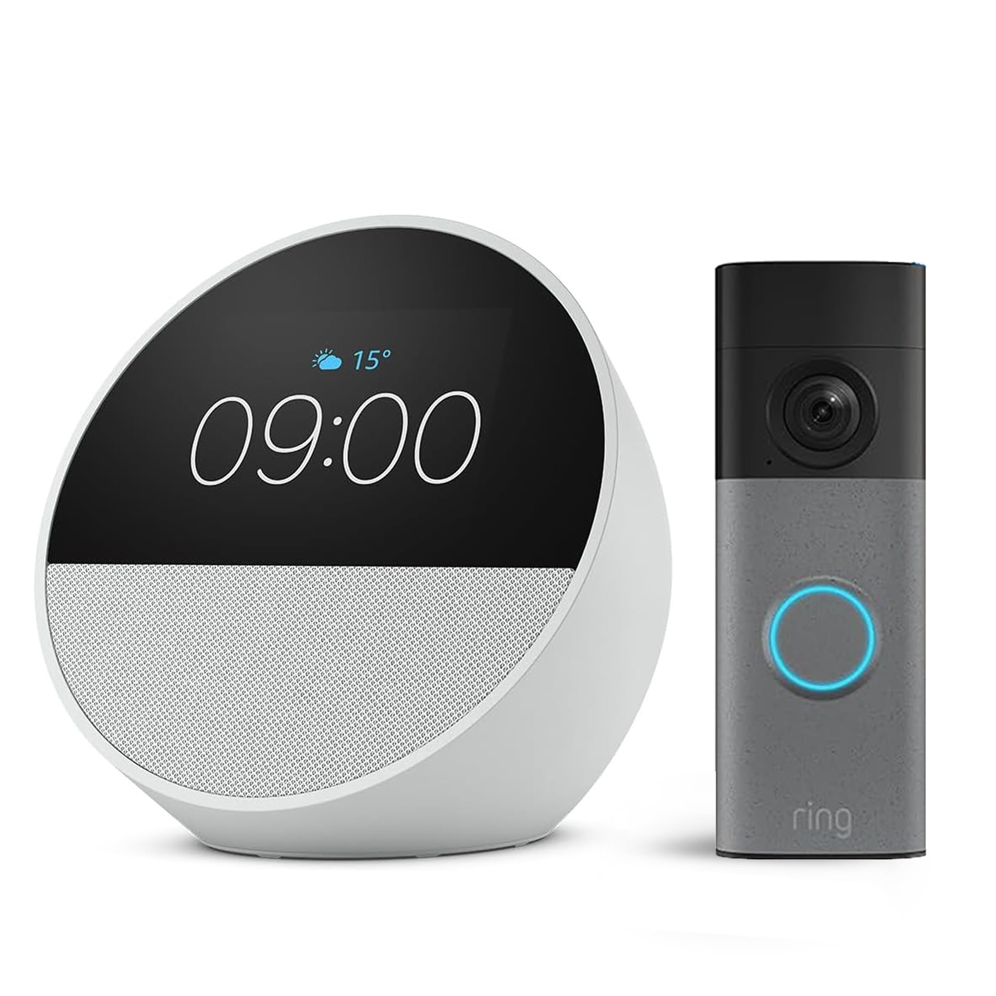 Amazon Echo Spot (última generación), Blanco + Ring Videotimbre con batería (Battery Video Doorbell) (última gen.), Gris moteado