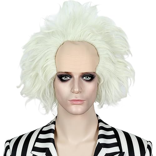 Linfairy Silver Mixed Light Green Unisex Short Bald Wig Halloween Cosplay Costume Wigs for Adult