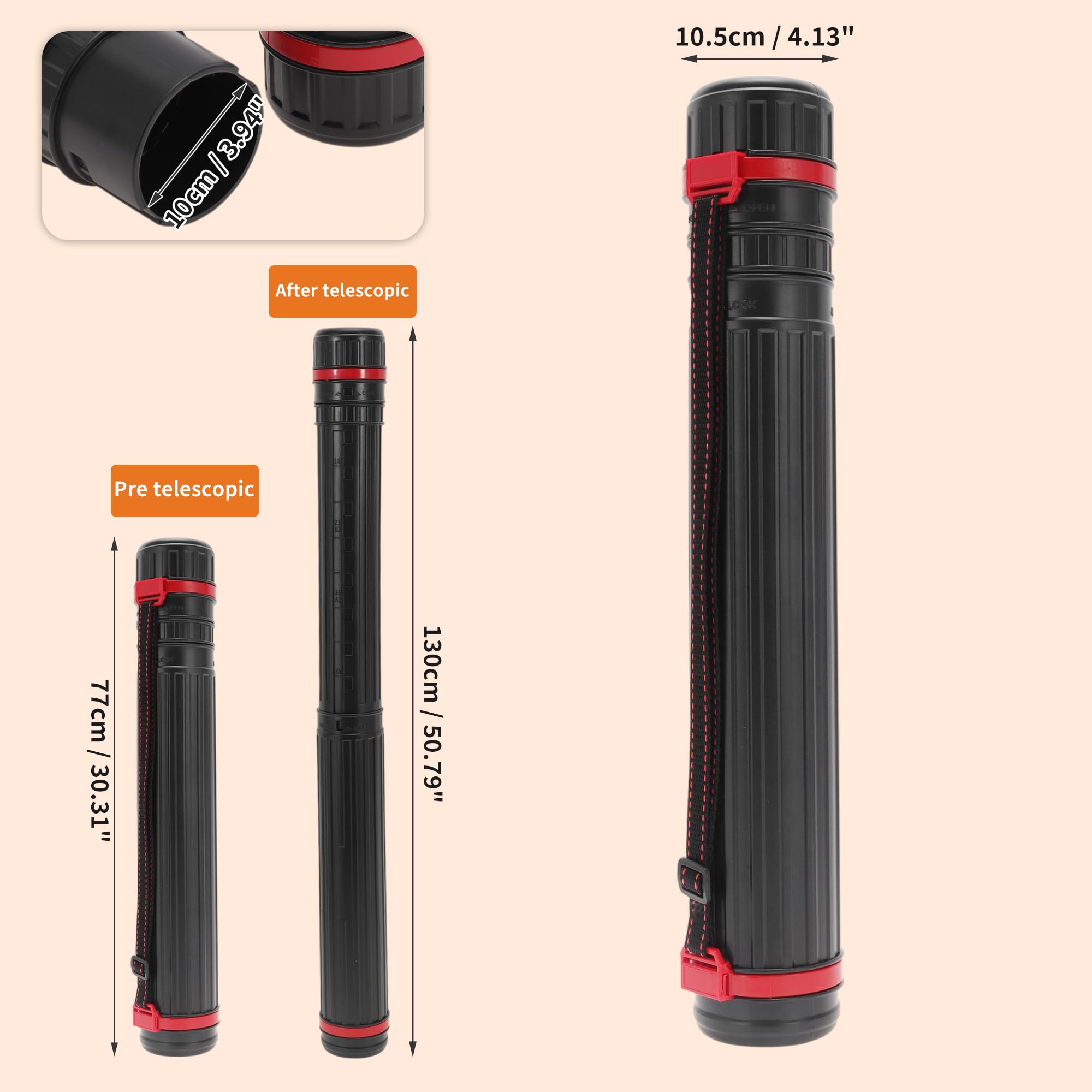 Tubo Portadisegni Rotolo di Poster Telescopico Portatili e Resistenti per Disegni da 77-130 cm, Tubo Impermeabile per Documenti con Tracolla, Nero
