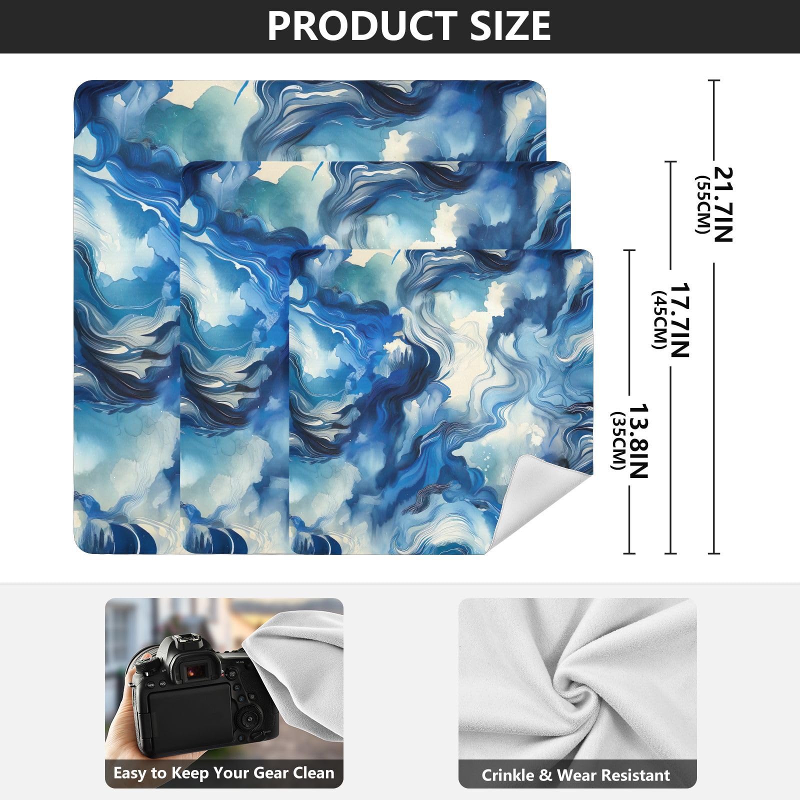 ODAWA Blue Watercolor Self-adhesive Cloth 21.7X21.7 Inch Magic Flexible Folding Self-Stick Makeup Bag Lightweight Foldable Wrapper for Camera Accessories