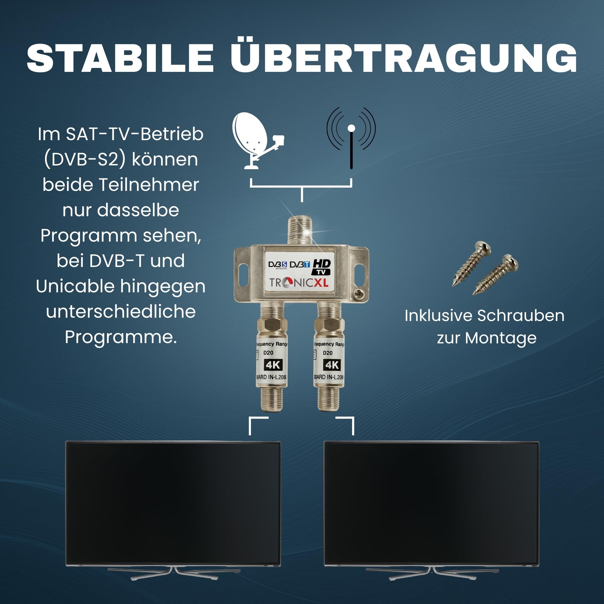 TronicXL Répartiteur satellite 2 voies 40 dB I Répartiteur d'antenne DVB-S2 DVB-T2 souple avec amplificateur pour amplificateur de signal HDTV 3D 4K pour une bonne réception