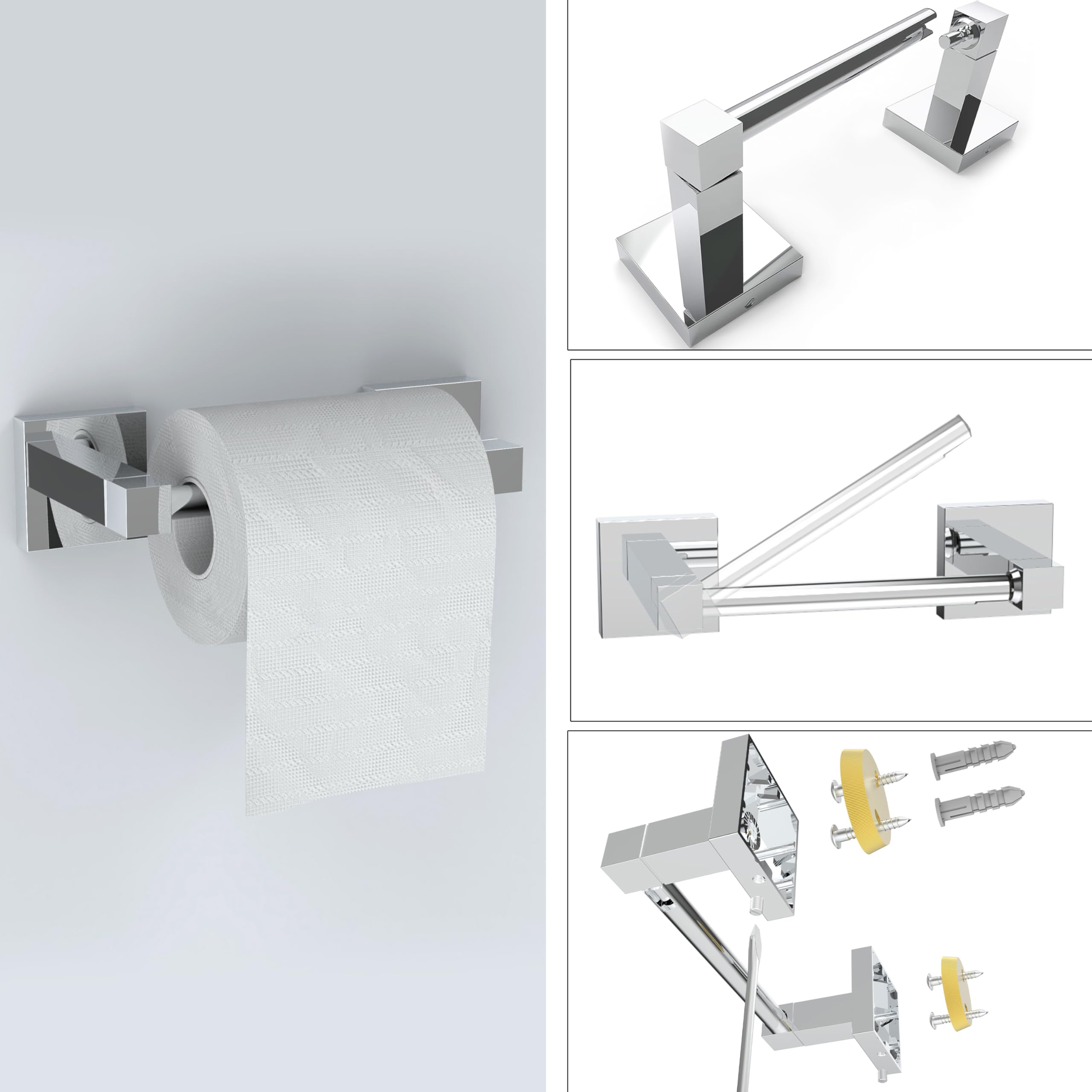 Ruacq Chrome Toilet Paper Holder Towel Ring Bathroom Accessories Hardware Set Double Post Pivoting Toilet Roll Holder Square Stainless Steel and Zinc Alloy Modern Wall Mounted 2 Pieces - Image 4