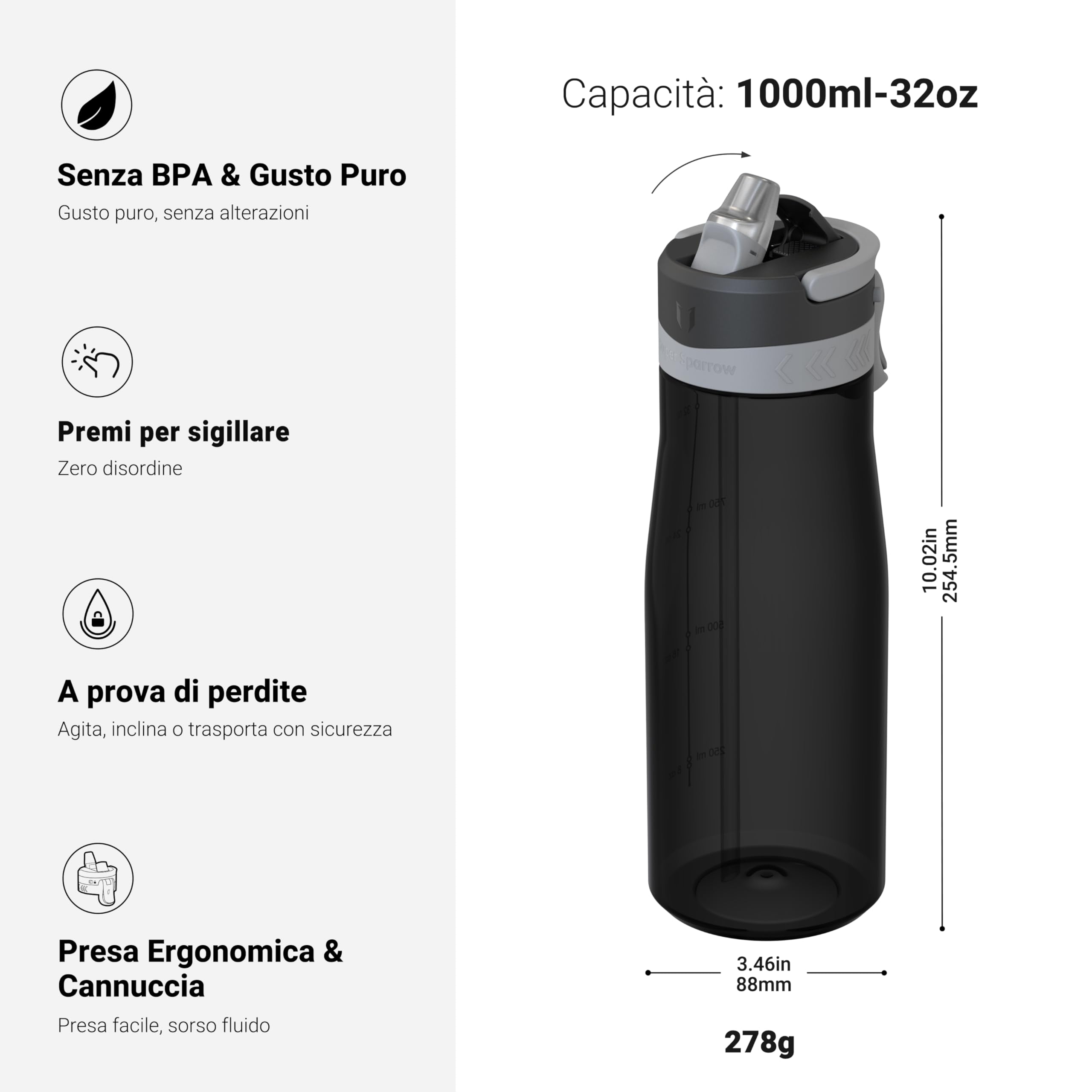 Sparrow Borraccia - 500ml, 750ml, 1L - TouchFlow Bottiglia Senza BPA - Senza Perdite Borraccia Cannuccia - Borracce Sportiva Flusso Rapido Con Un Clic per Scuola, All'aperto
