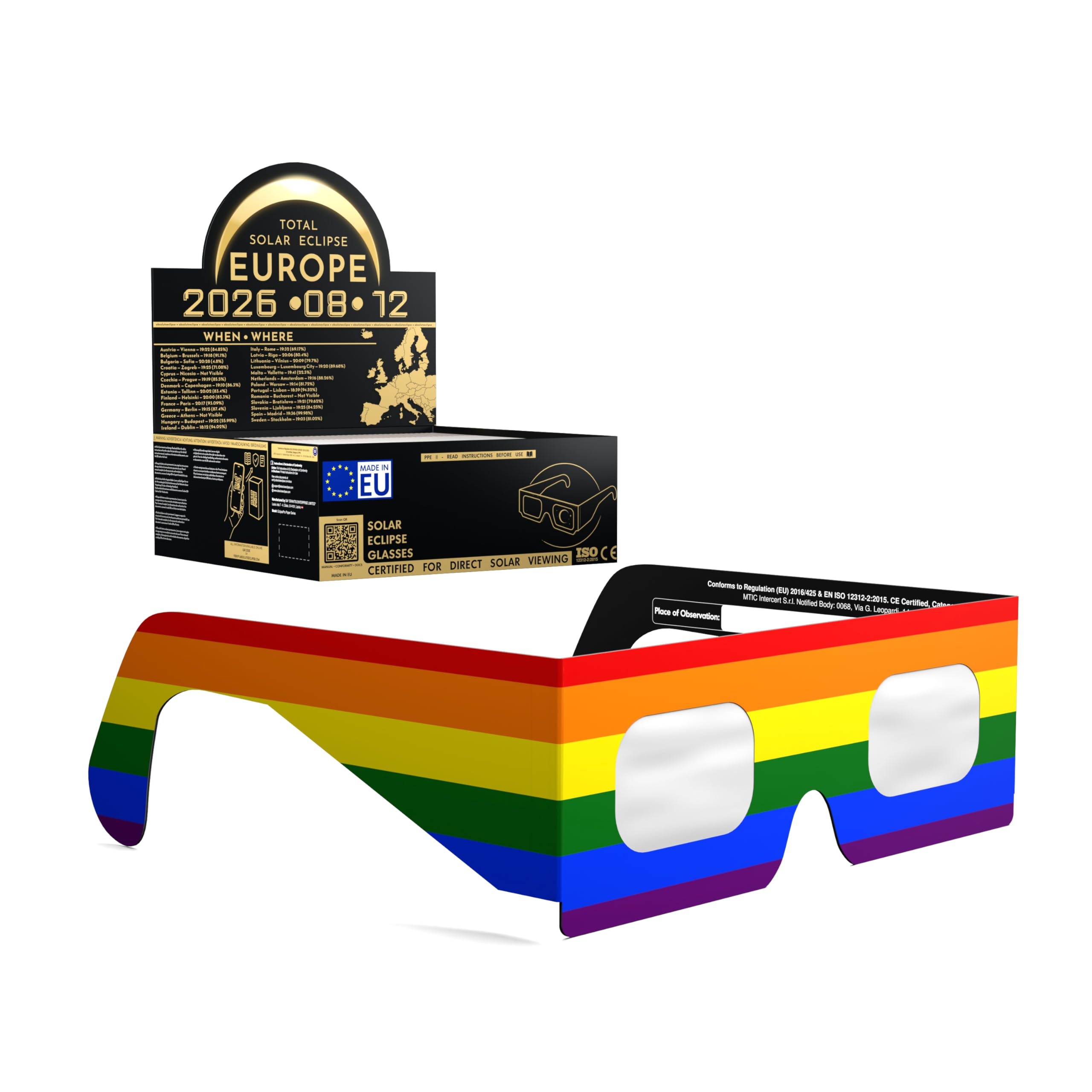 Solar Eclipse Glasses ISO 12312-2 CE Certified | Safe Solar Viewing Glasses UK | Paper Cardboard Frame | Total Solar Eclipse August 2026 | Made in EU | 50 Pack | Rainbow — image 1